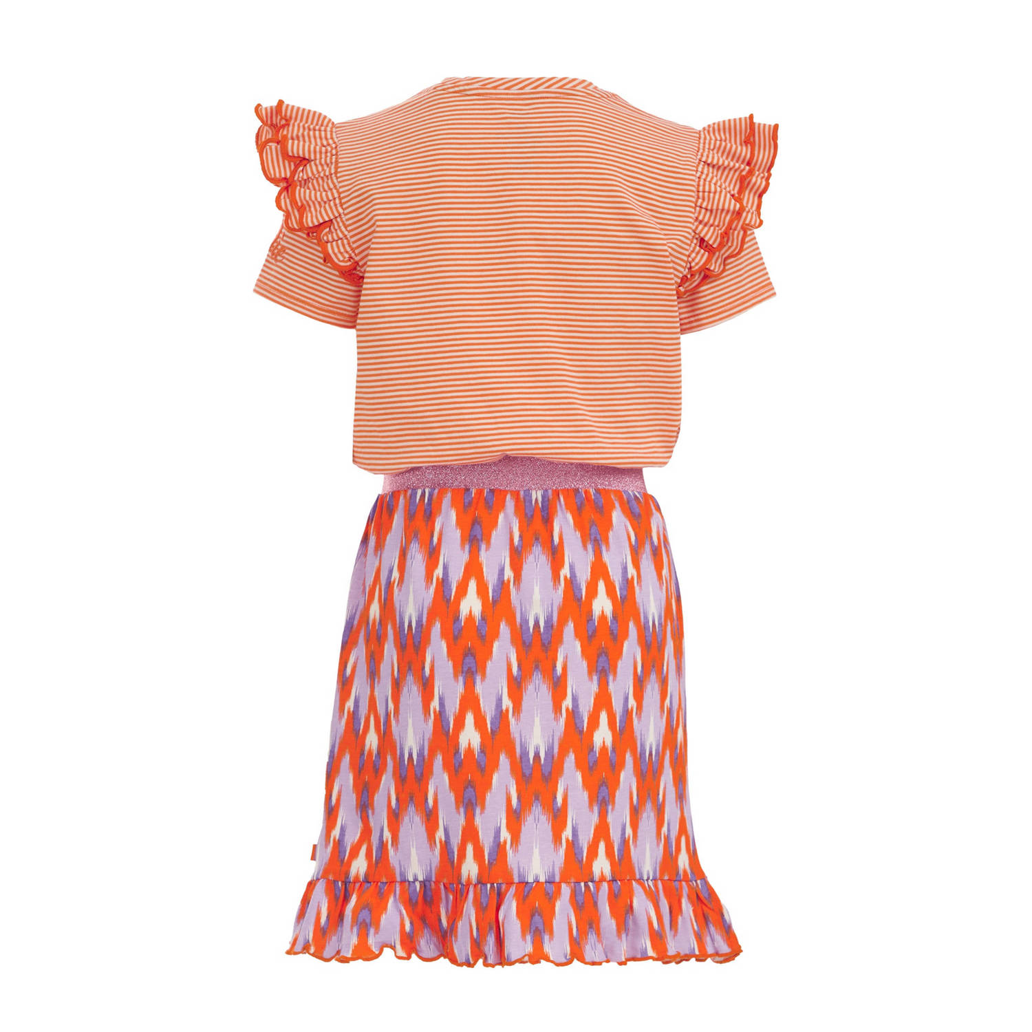 WE Fashion jurk met all over print en ruches oranje paars lila