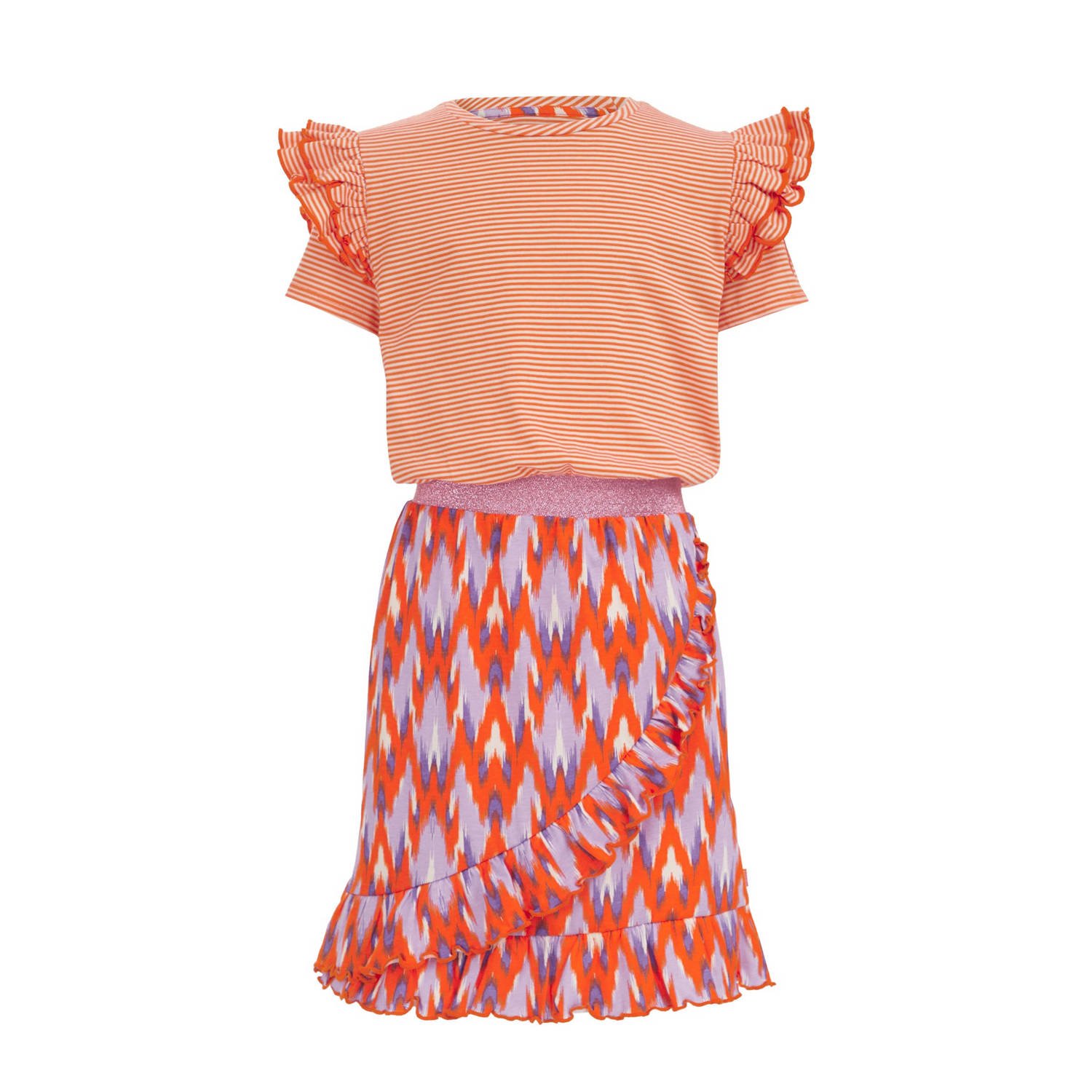 WE Fashion jurk met all over print en ruches oranje paars lila Meisjes Katoen Ronde hals 110 116