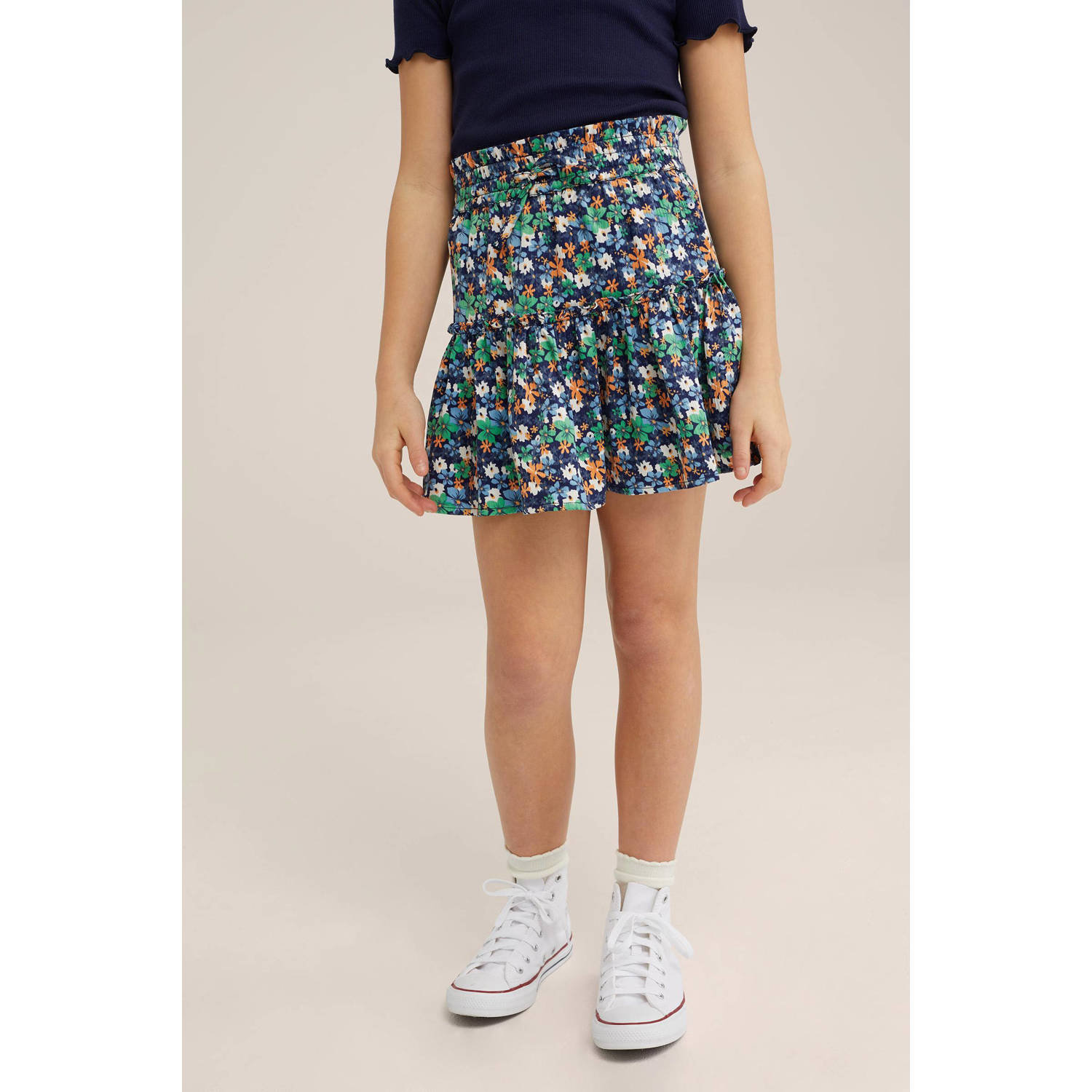 WE Fashion gebloemde skort donkerblauw oranje wit