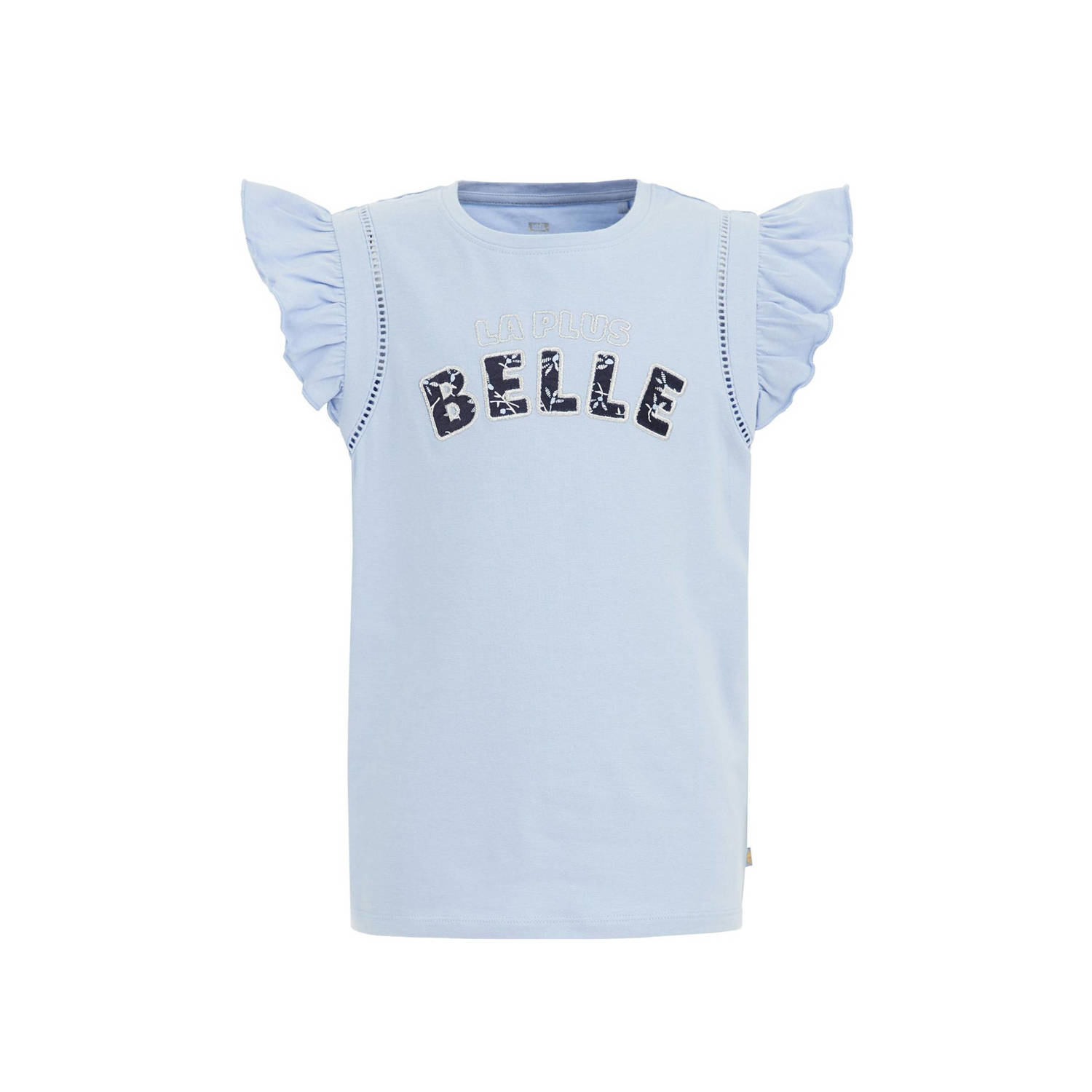 WE Fashion T-shirt met tekst blauw Meisjes Stretchkatoen Ronde hals Tekst 110 116