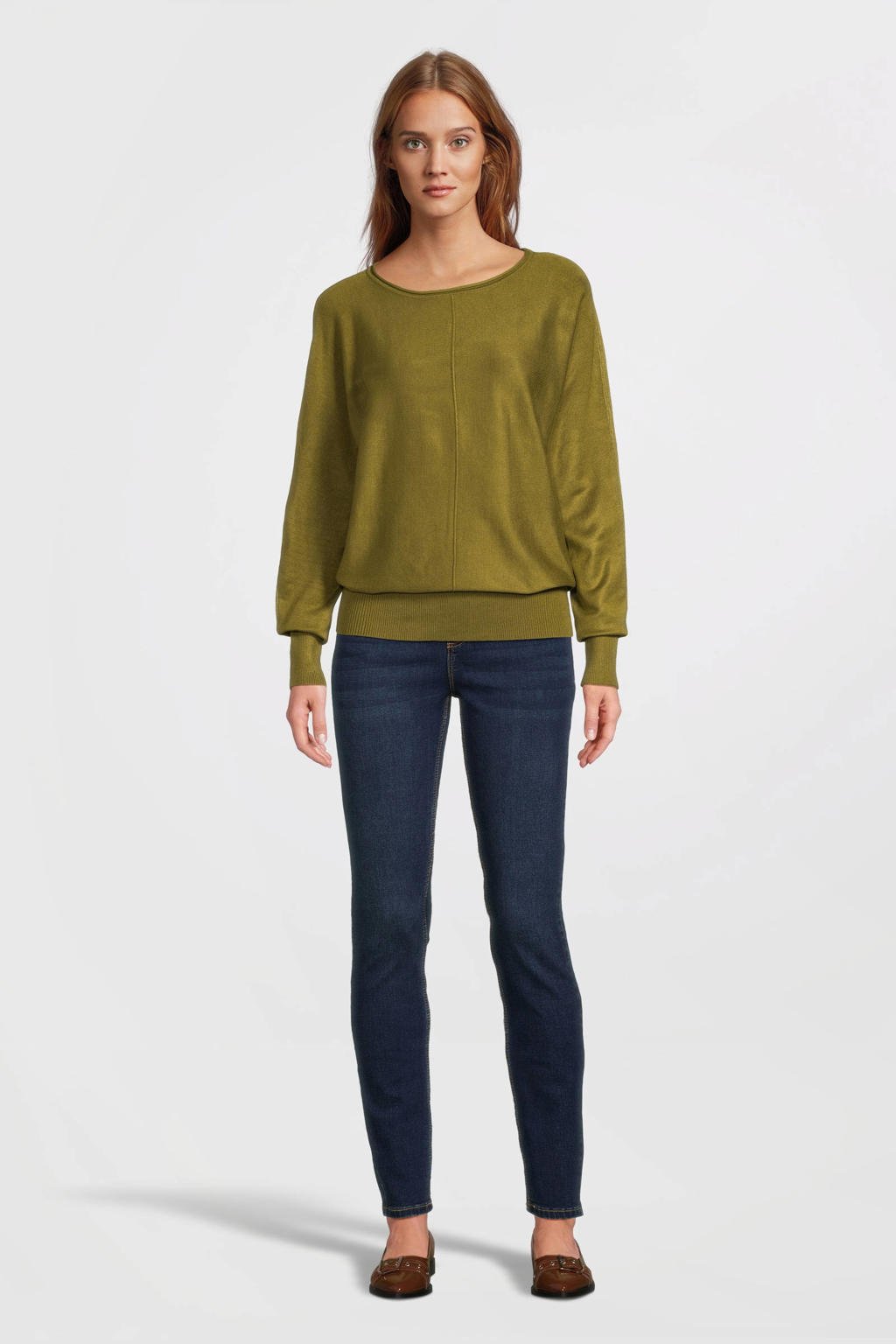 Olijfgroene dames Imagine trui van viscose met effen, lange mouwen en boothals