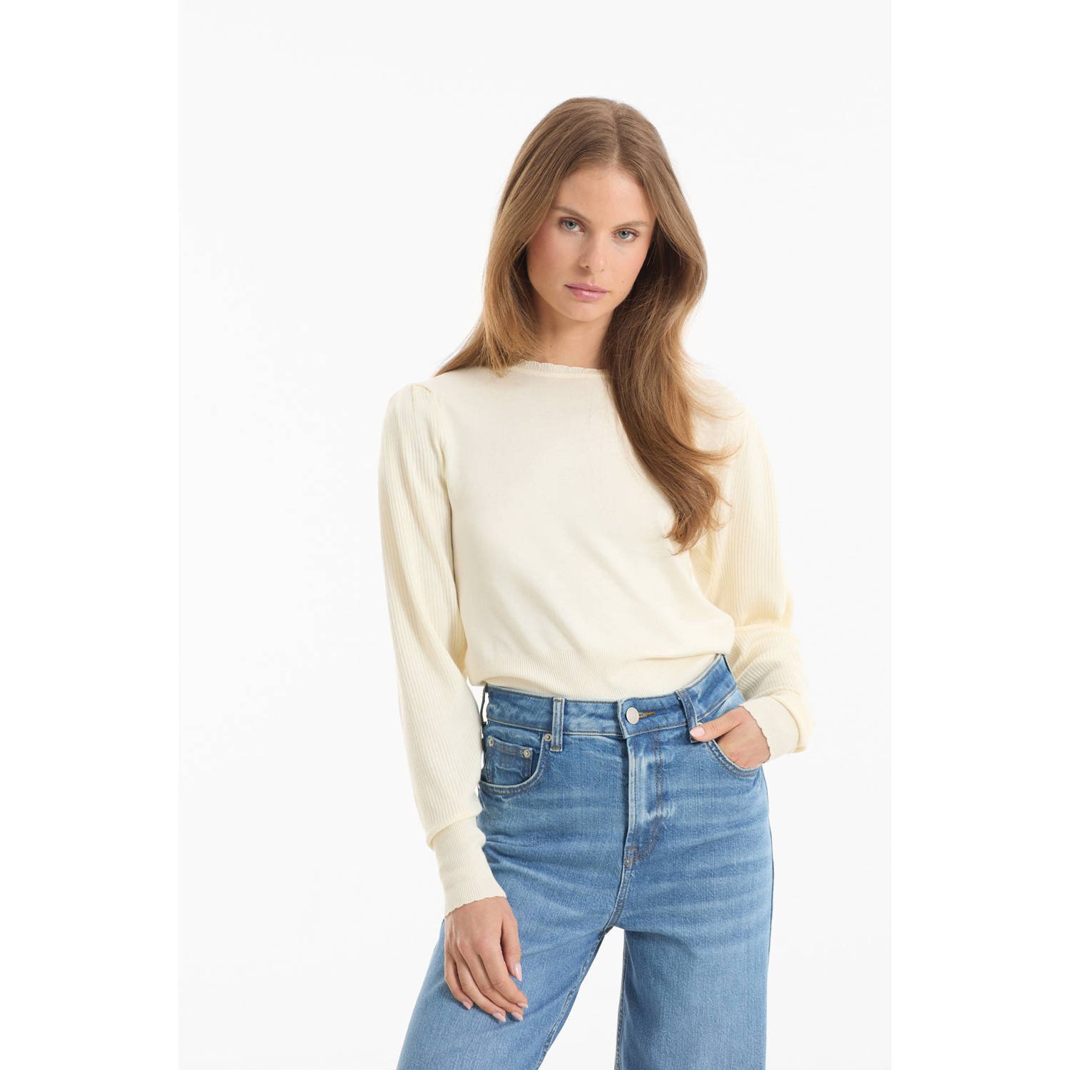 Anytime trui met schulprand beige
