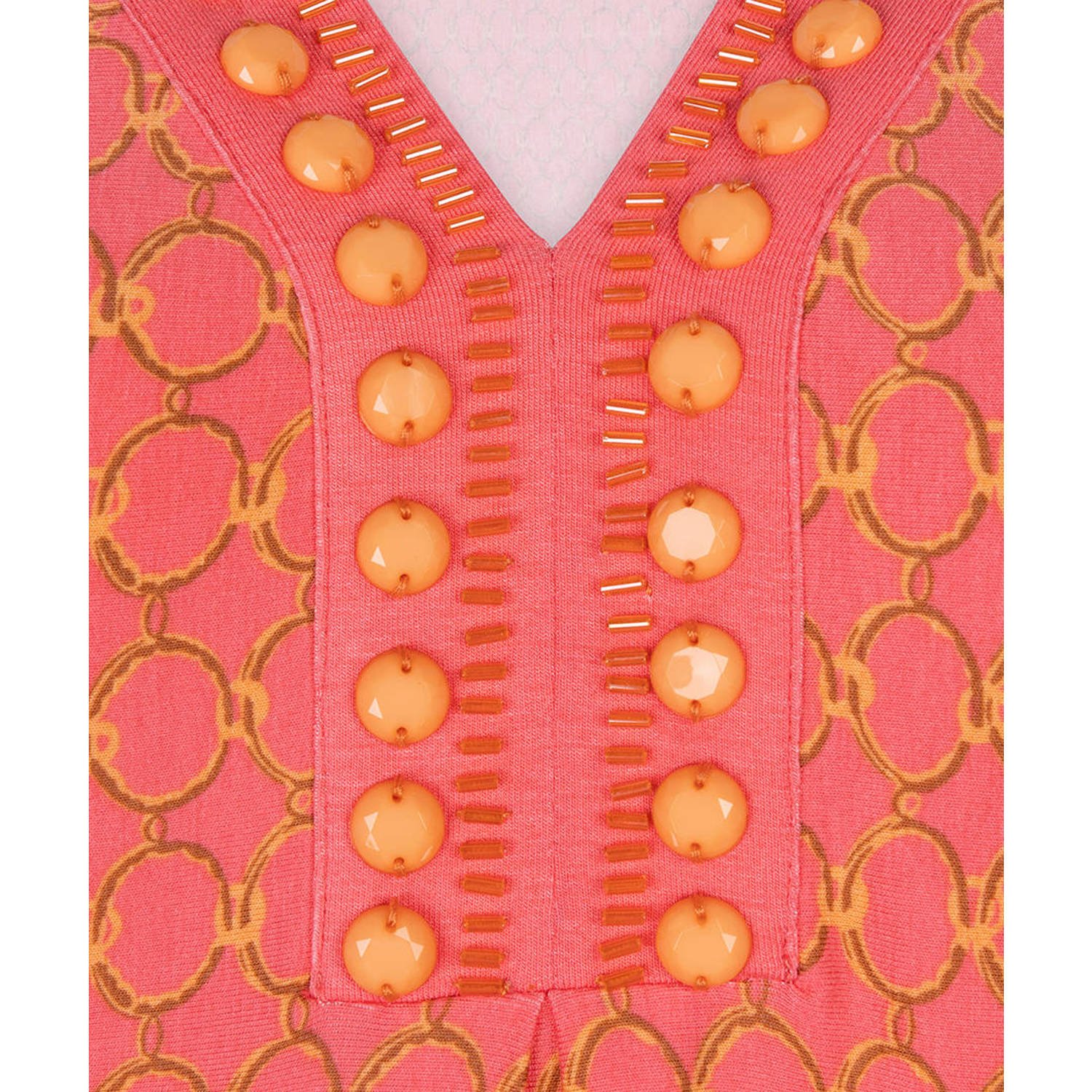Esqualo jurk met all over print en kraaltjes roze geel