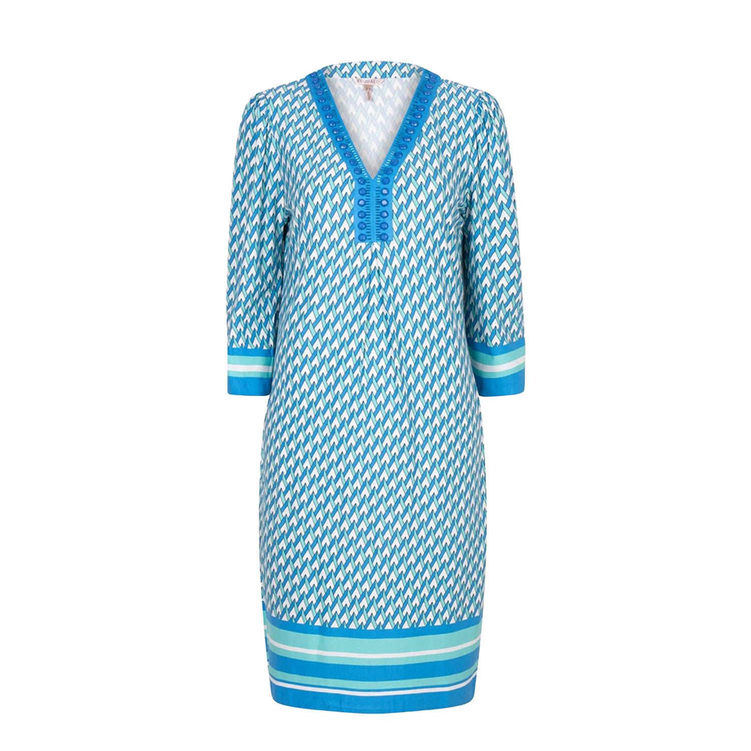 Esqualo jurk met all over print en kraaltjes blauw lichtblauw