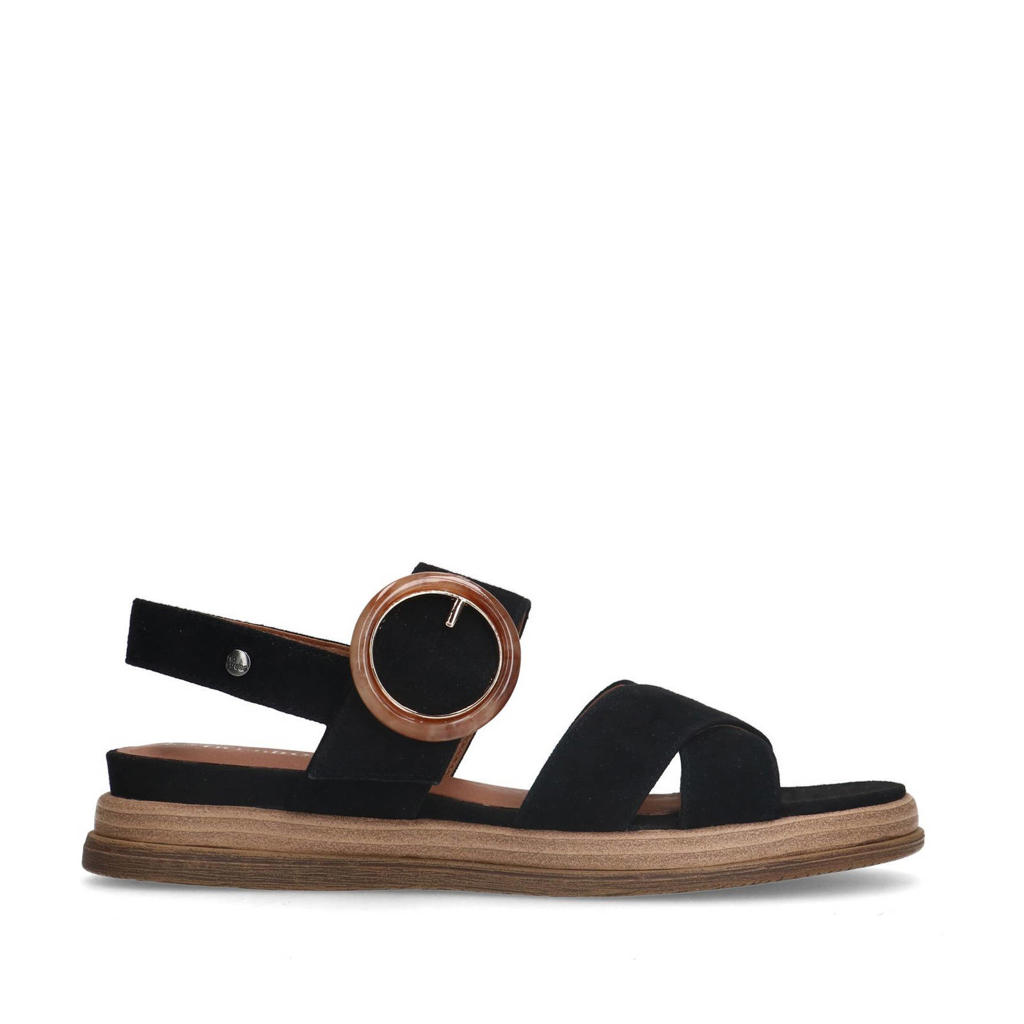 Zwarte dames No Stress leren sandalen met plateauzool en klittenband