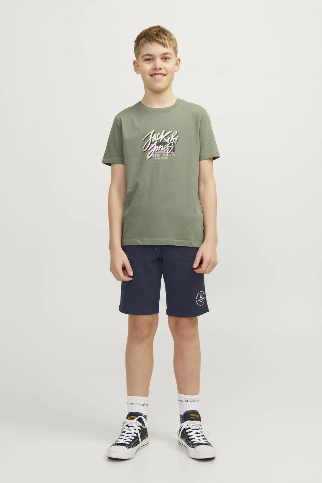 JACK & JONES JUNIOR sweatshort JPSTSWIFT met printopdruk donkerblauw