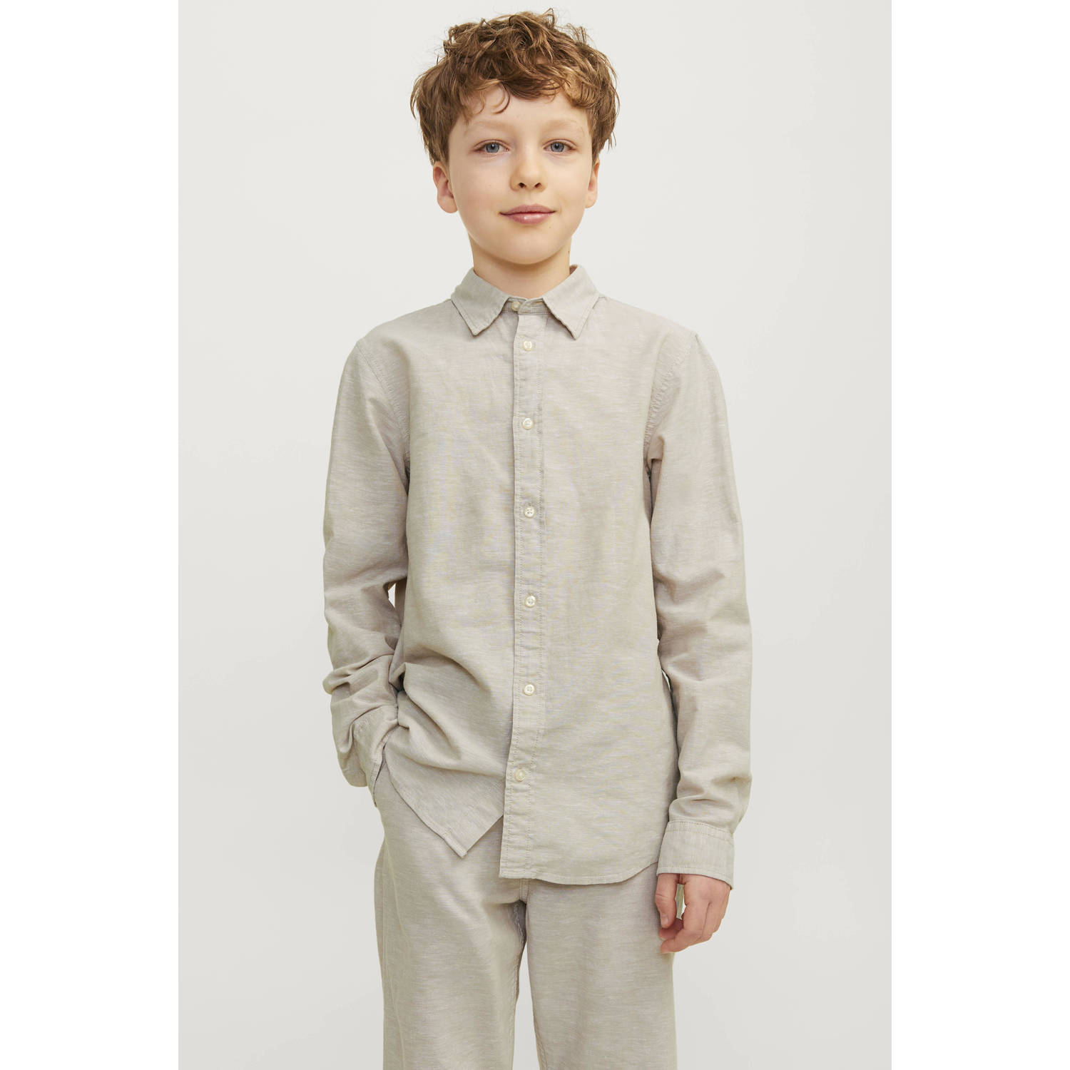 Jack & jones JUNIOR overhemd JJELINEN BLEND beige Jongens Katoen Klassieke kraag 128