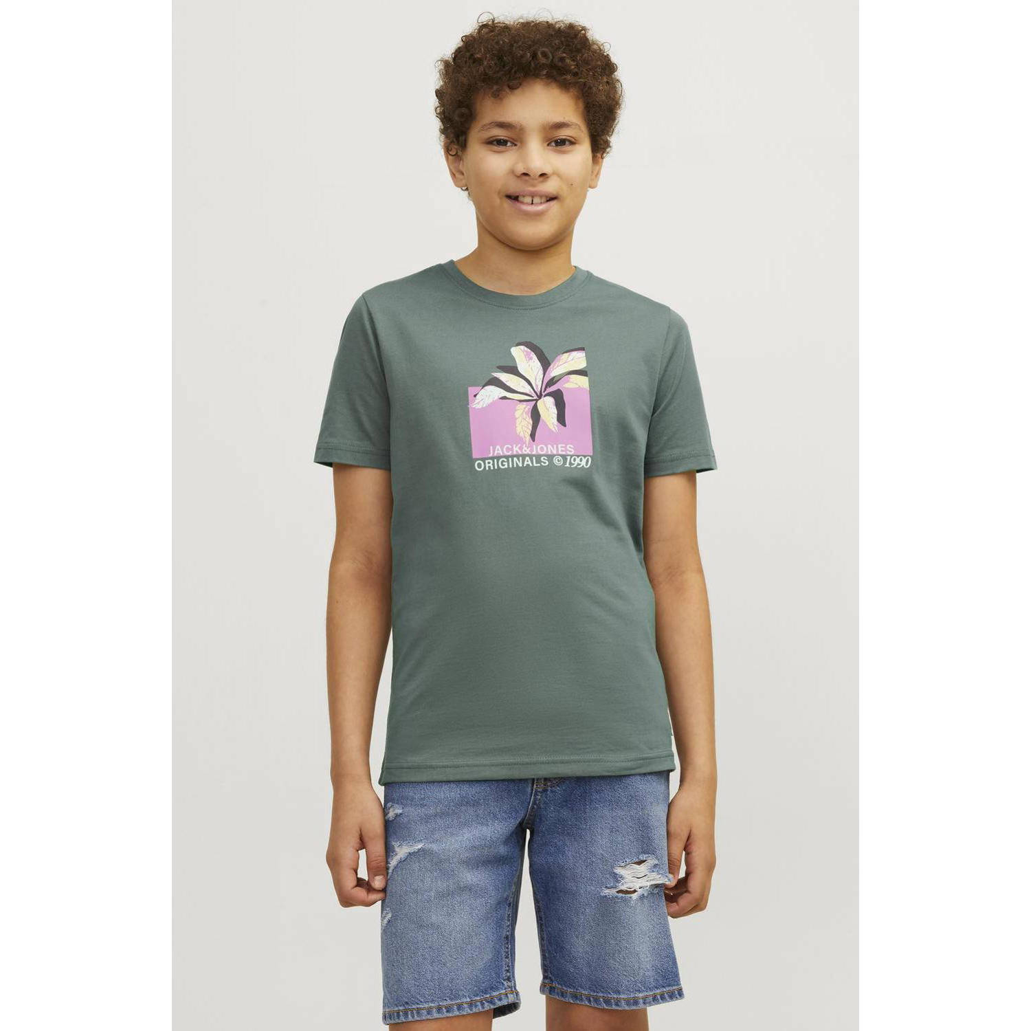 Jack & jones JUNIOR T-shirt JORTAMPA met printopdruk kakigroen Jongens Katoen Ronde hals 140