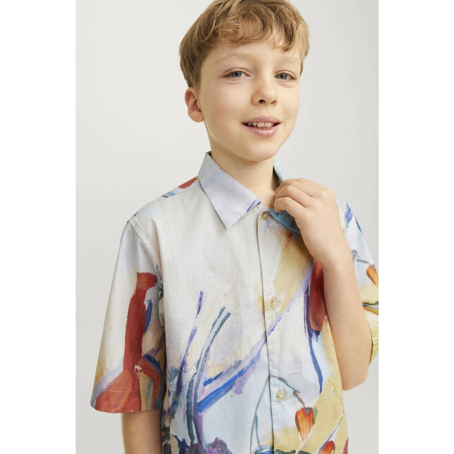 Jack & jones JUNIOR overhemd JORLANDSCAPE met all over print blauw multicolor Jongens Katoen Klassieke kraag 140