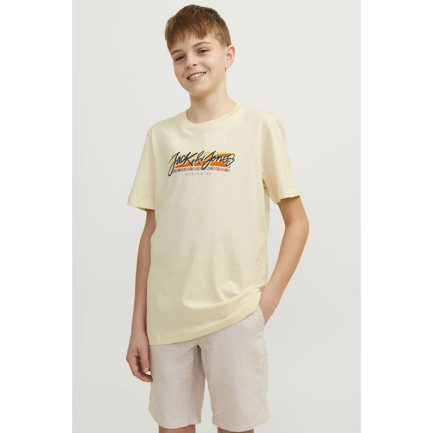 JACK & JONES JUNIOR T-shirt JORTAMPA FASTRUNNER1 met logo ecru