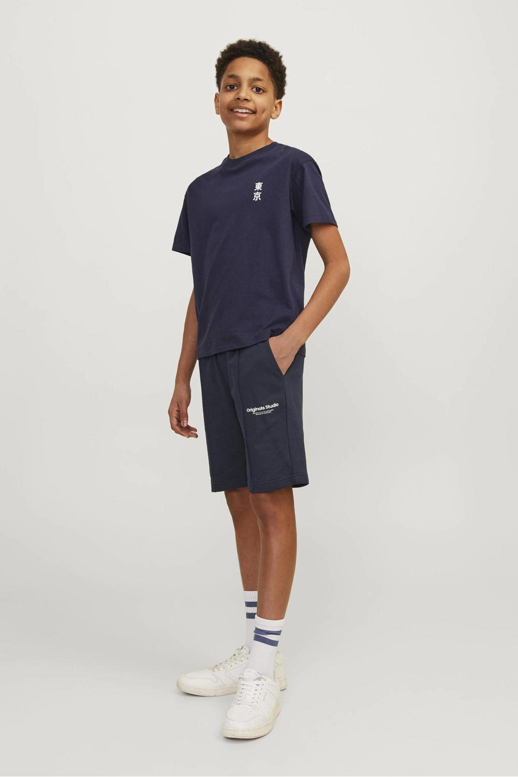 JACK & JONES JUNIOR sweatshort JPSTVESTERBRO met tekst donkerblauw