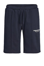 thumbnail: Donkerblauwe jongens JACK & JONES JUNIOR sweatshort met regular waist, elastische tailleband met koord en tekst print