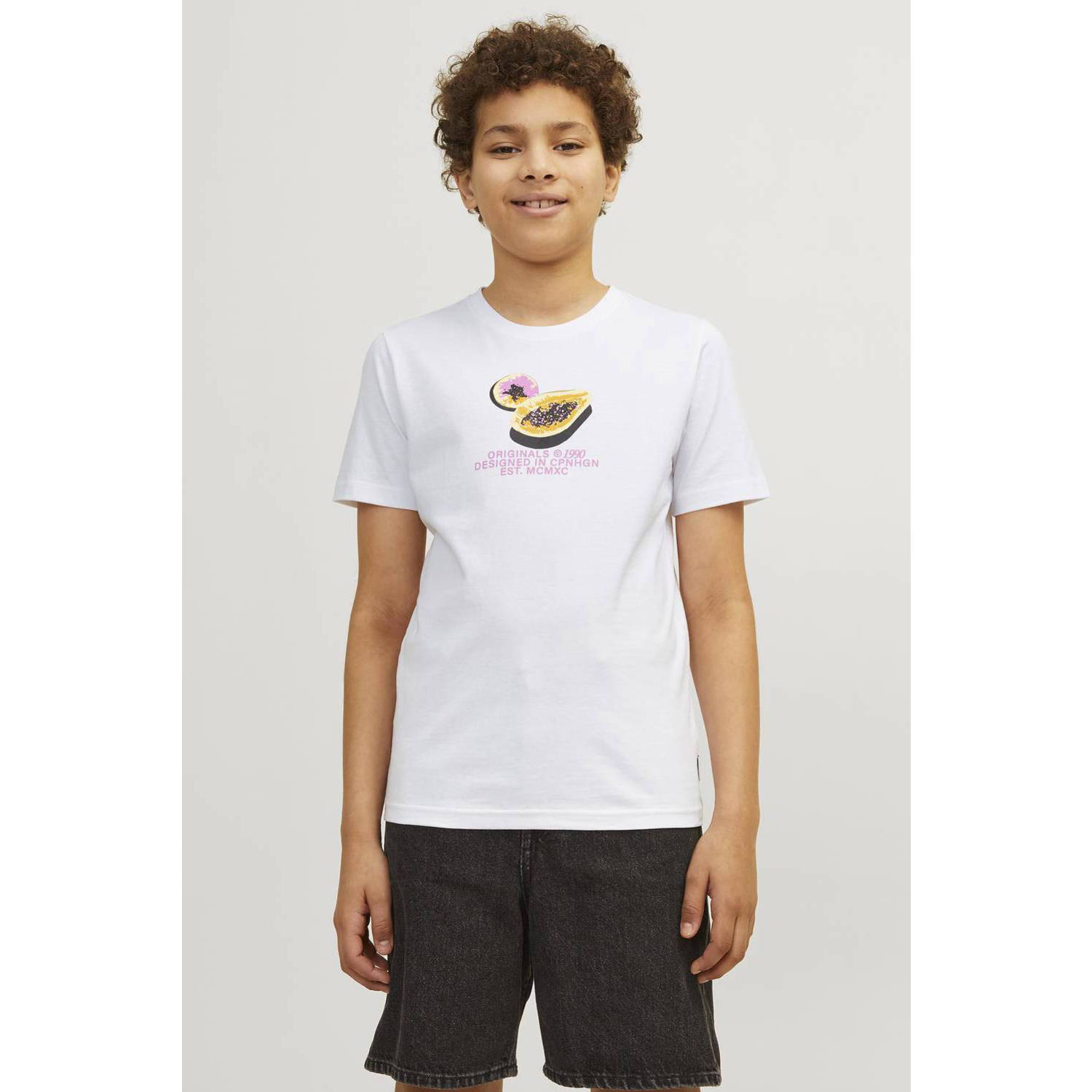 Jack & jones JUNIOR T-shirt JORTAMPA met printopdruk wit Jongens Katoen Ronde hals 140