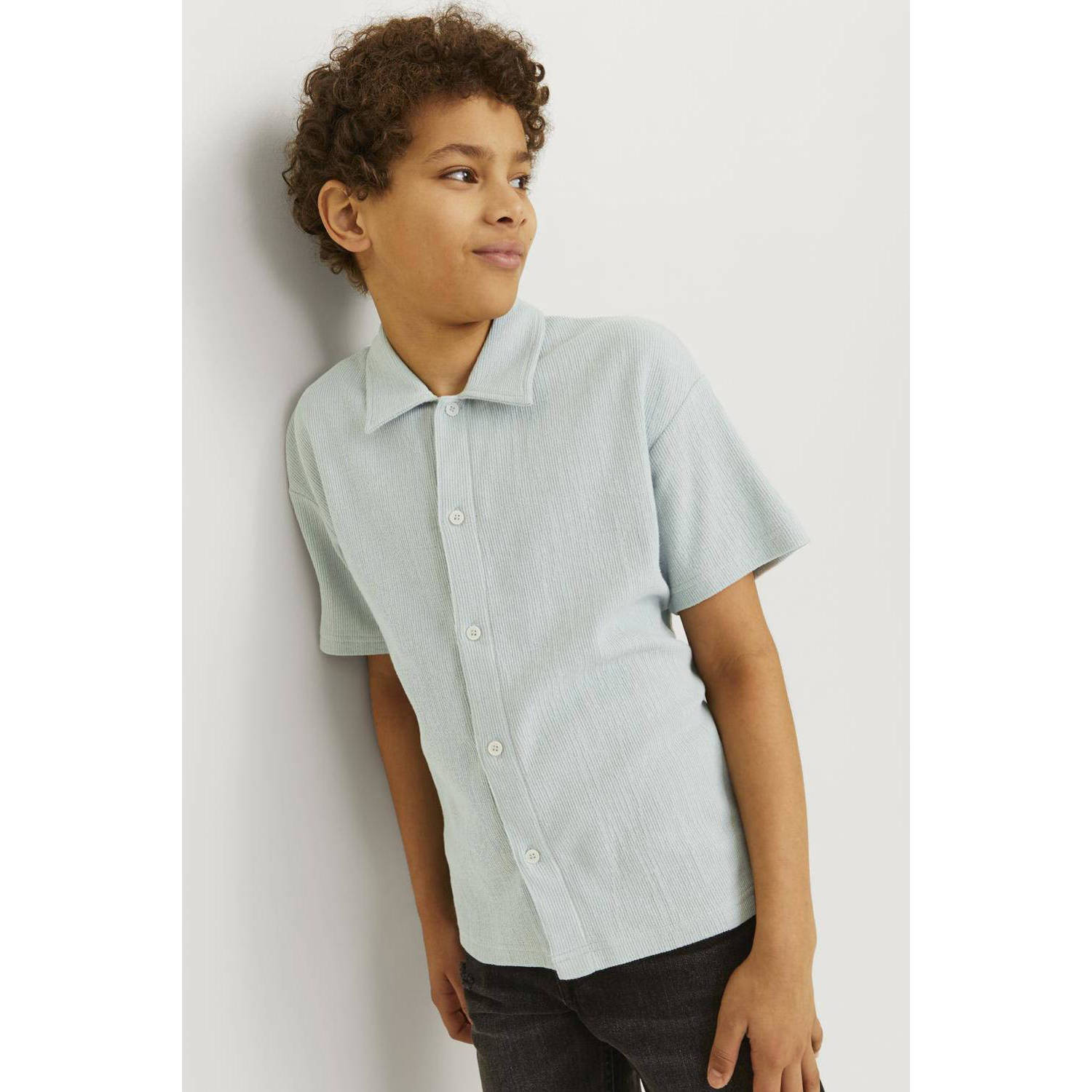 Jack & jones JUNIOR overhemd JORJASPER BUTTON THROUGH SHIRT SS JNR grijsgroen Jongens Katoen Klassieke kraag 176