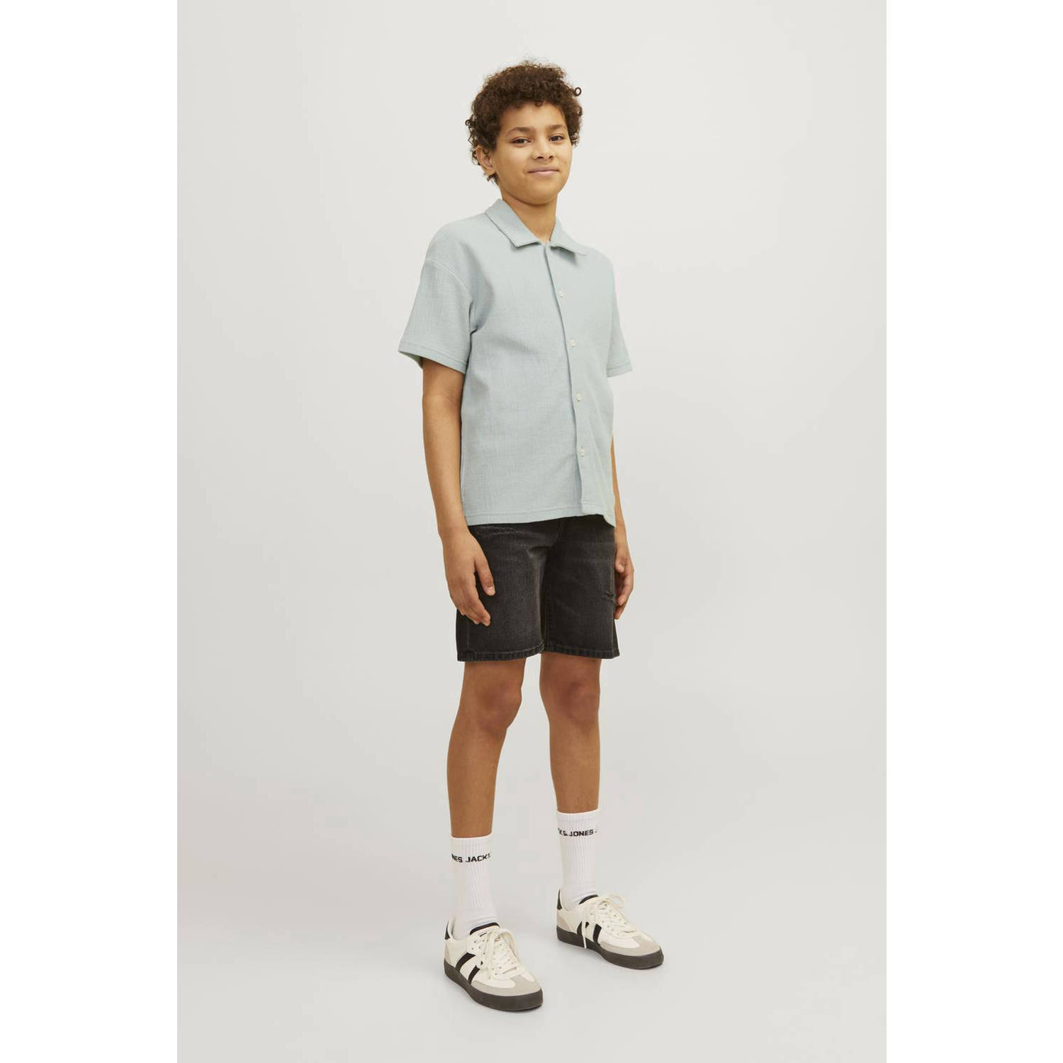 JACK & JONES JUNIOR overhemd JORJASPER BUTTON THROUGH SHIRT SS JNR grijsgroen