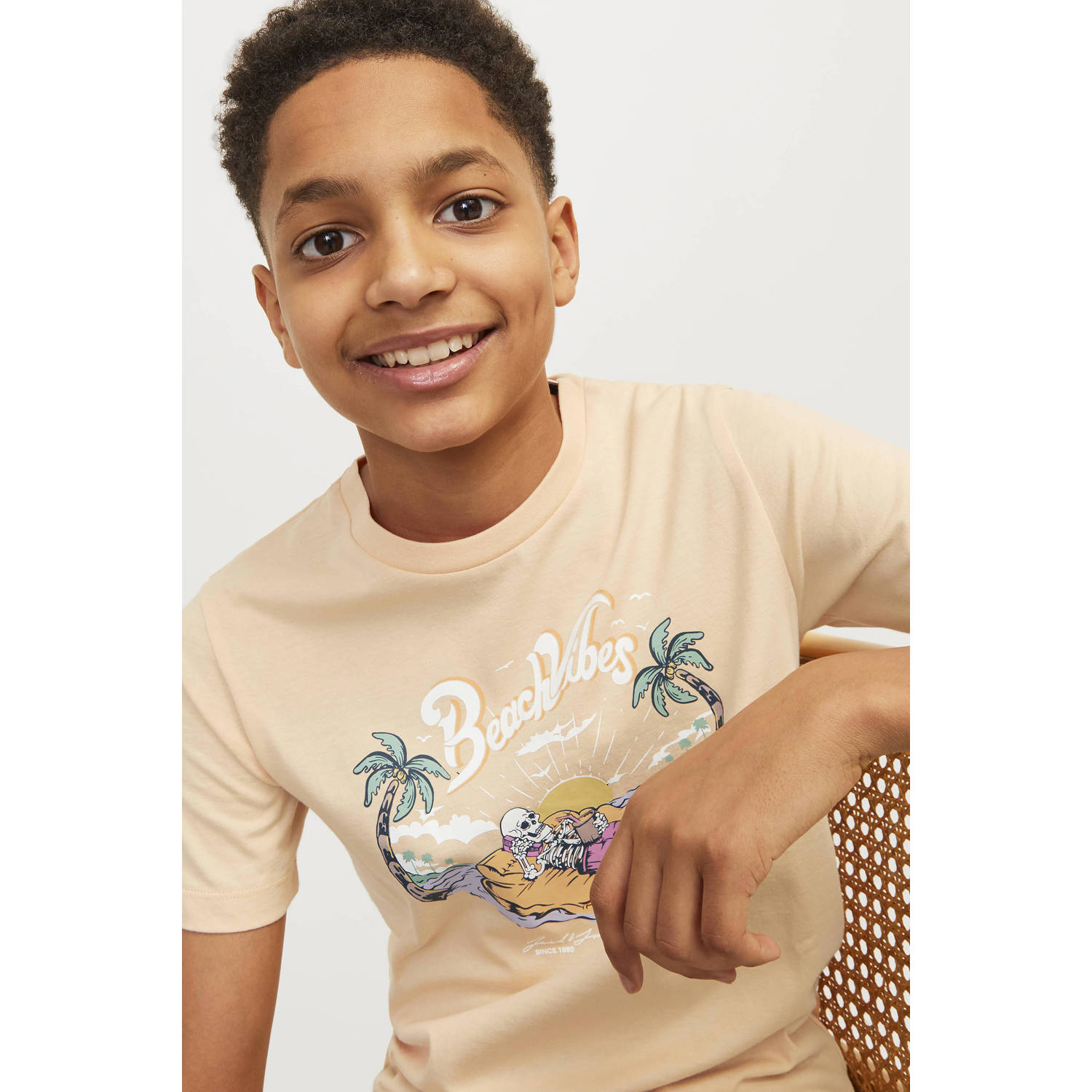 JACK & JONES JUNIOR T-shirt JJZION met printopdruk zachtoranje