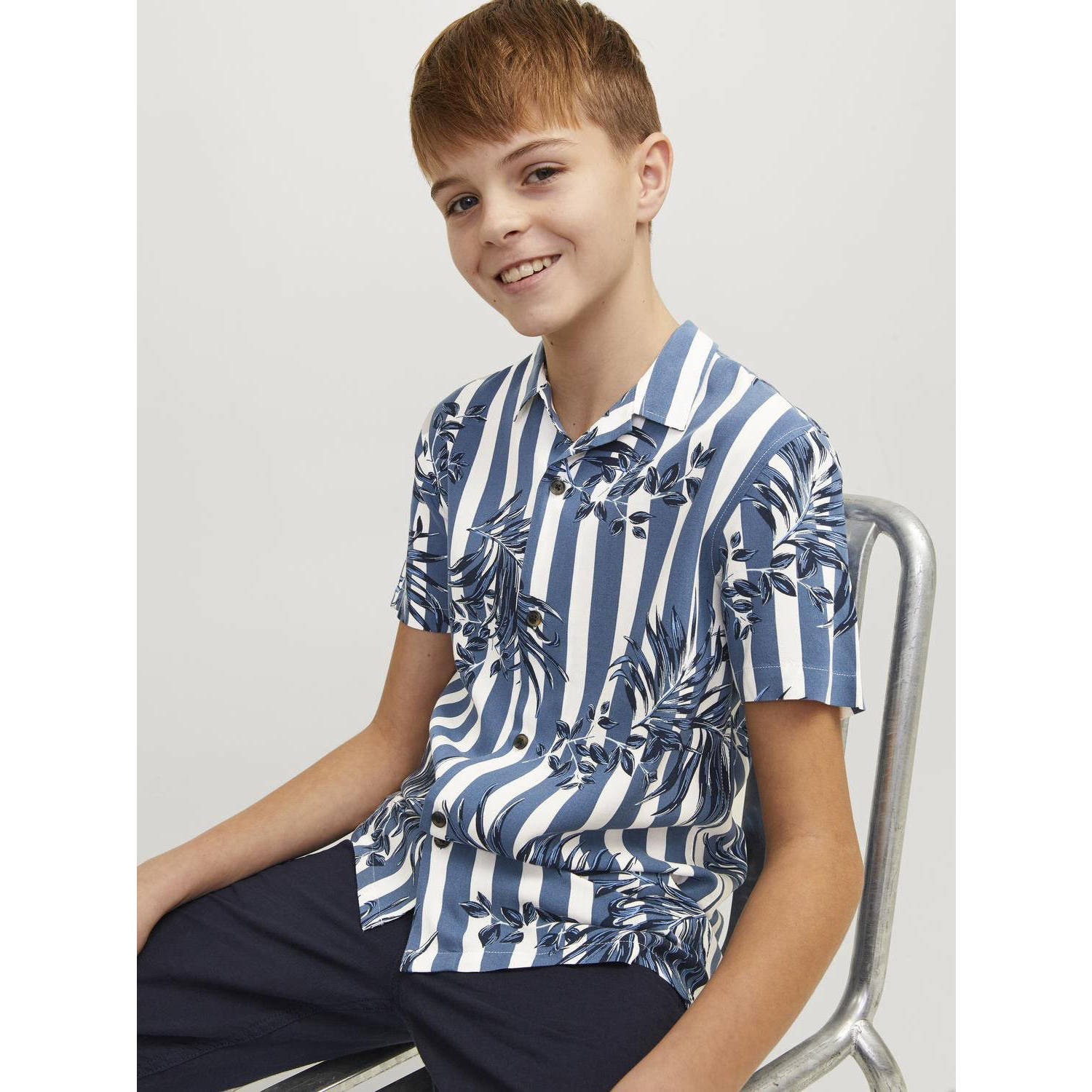 JACK & JONES JUNIOR overhemd JJJEFF RESORT met all over print blauw wit