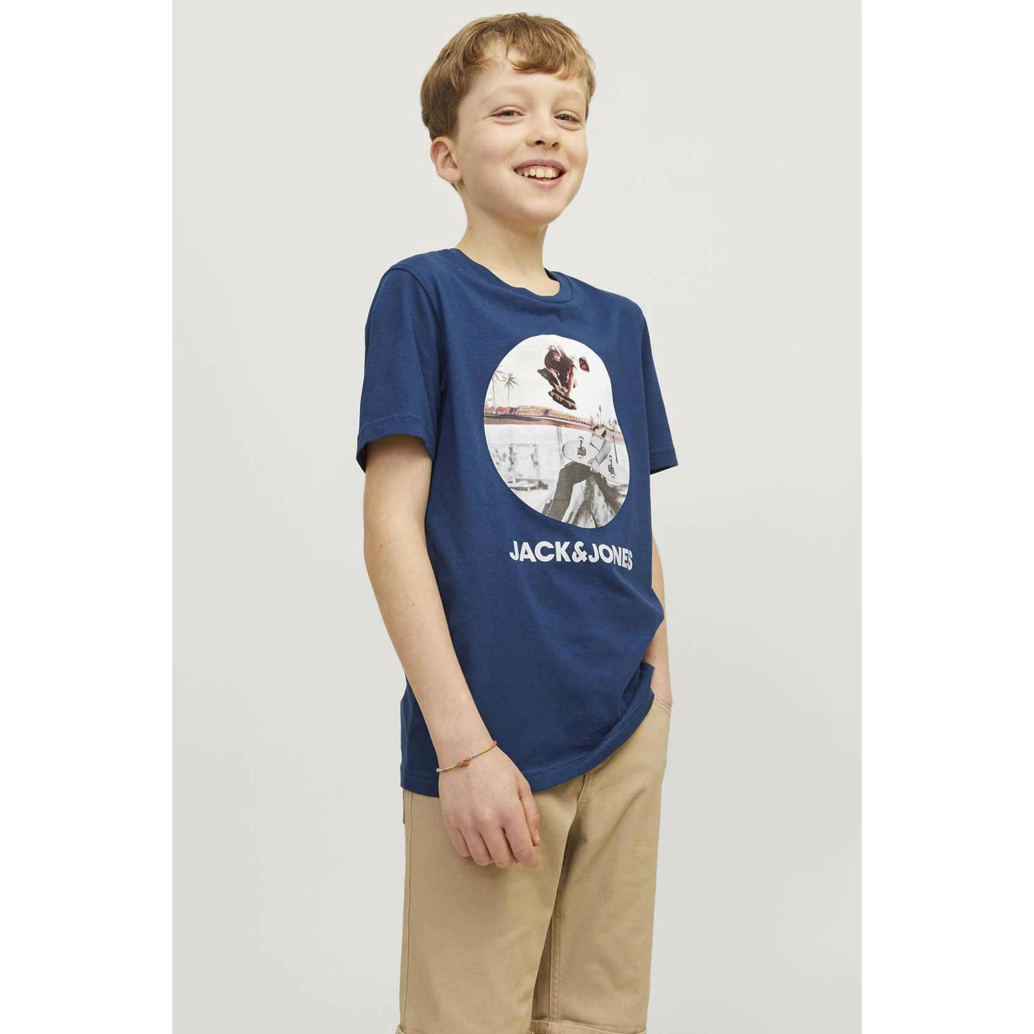 Jack & jones JUNIOR T-shirt JJNAVIN met printopdruk donkerblauw Jongens Katoen Ronde hals 140