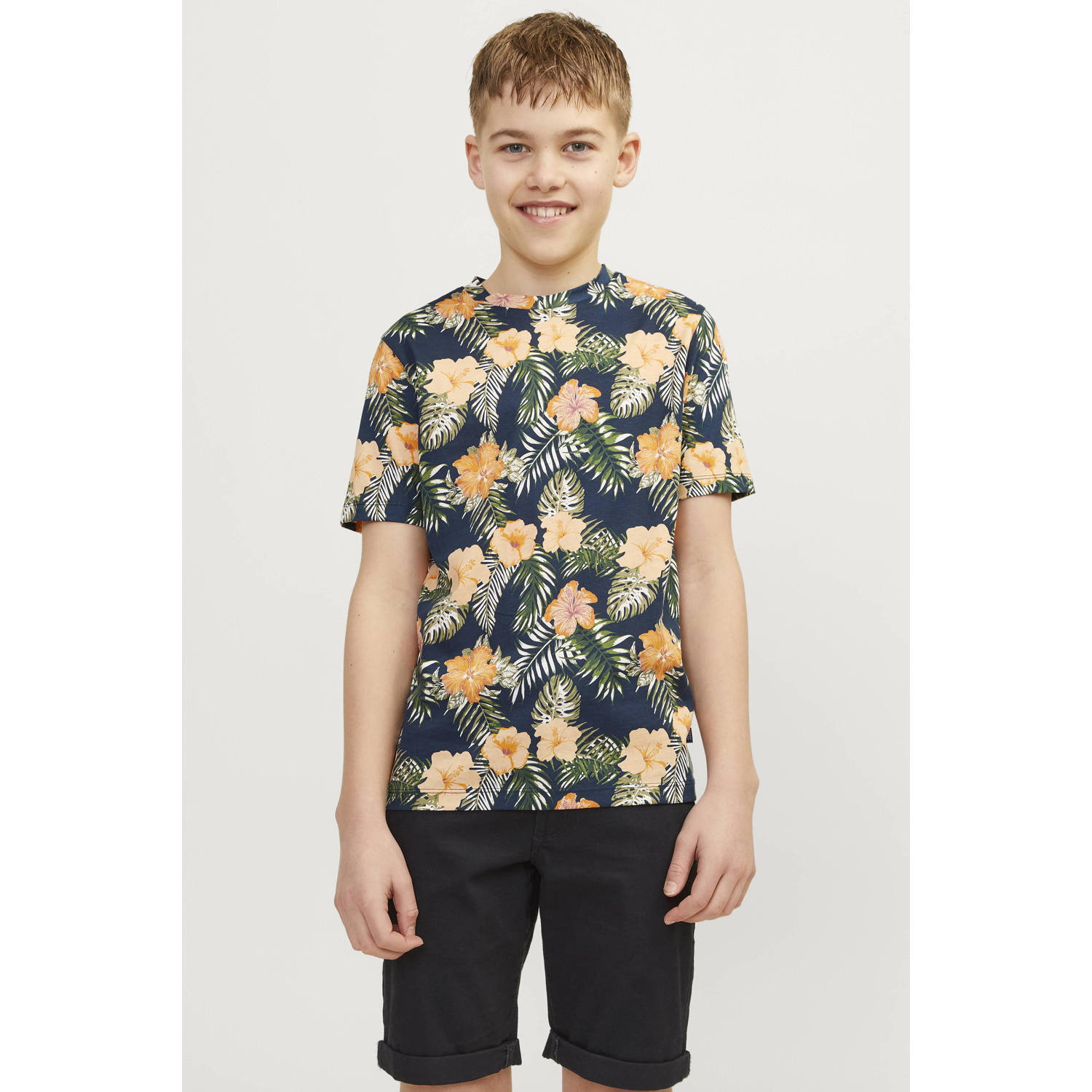 Jack & jones JUNIOR T-shirt JJCHILL met all over print donkerblauw geel Jongens Katoen Ronde hals 152