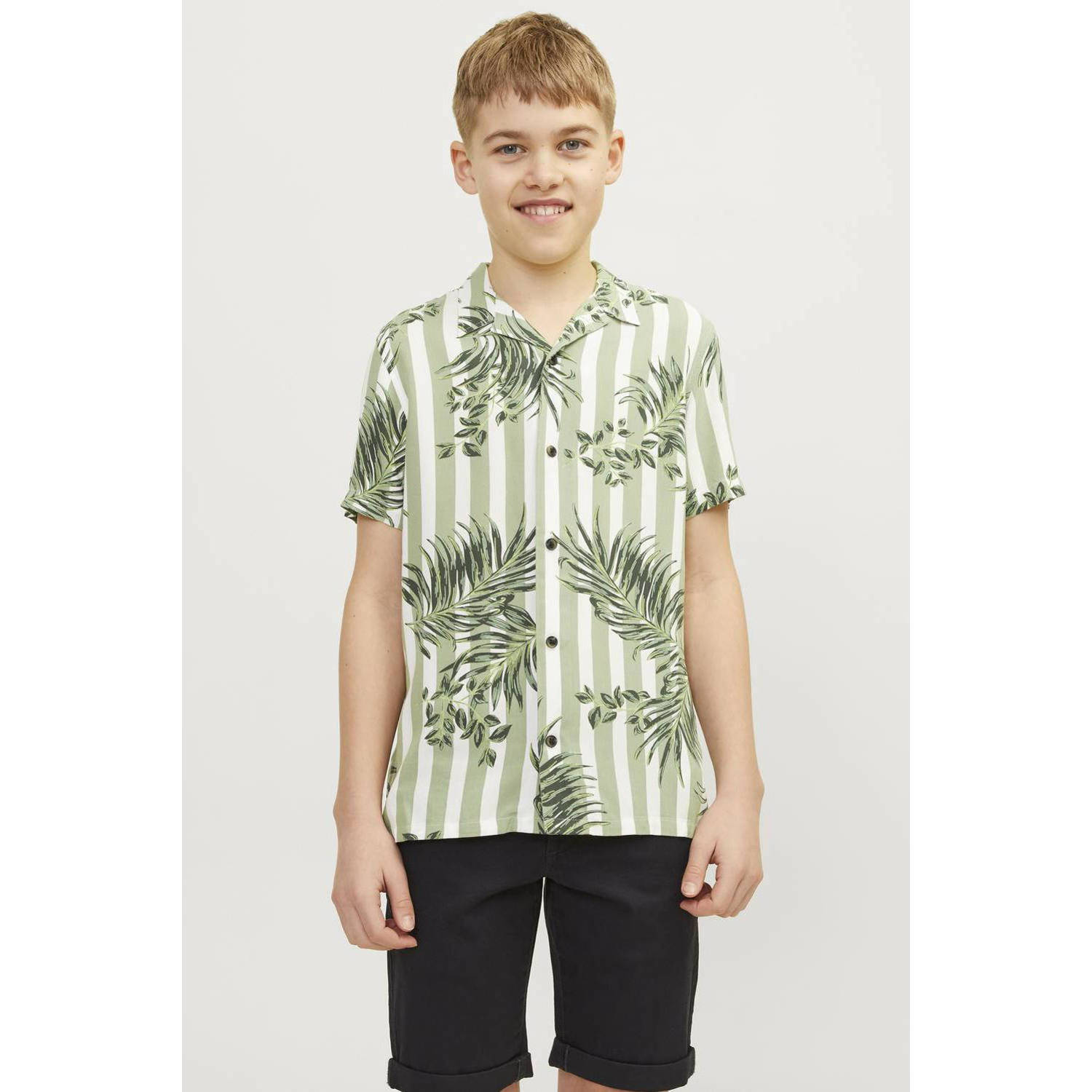 Jack & jones JUNIOR overhemd JJJEFF RESORT met all over print lichtgroen wit Jongens Viscose Klassieke kraag 164