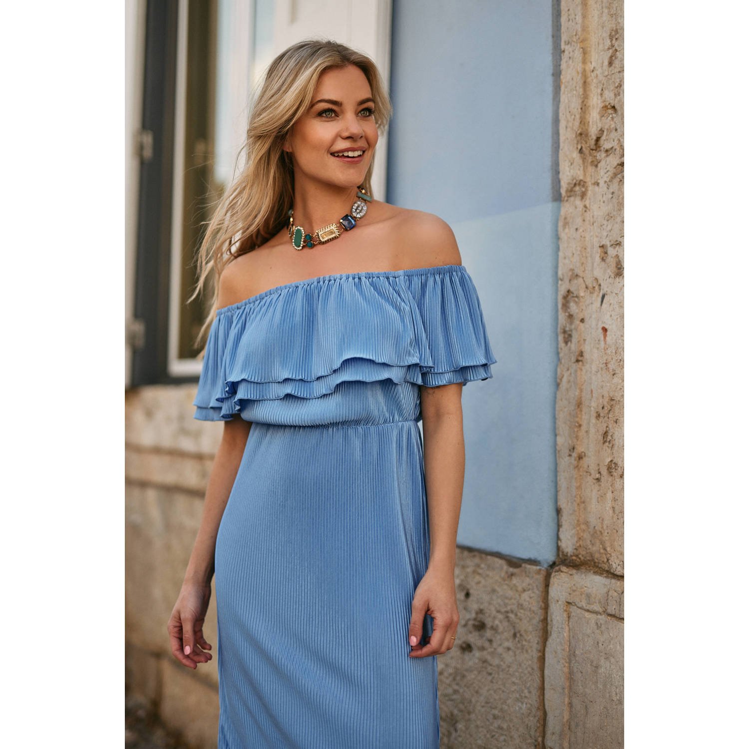 Freebird off shoulder maxi jurk blauw