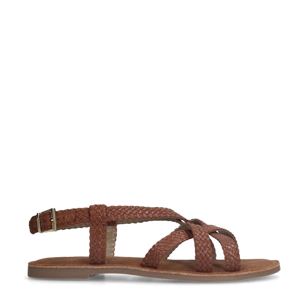 Cognackleurige dames Manfield leren sandalen met gesp