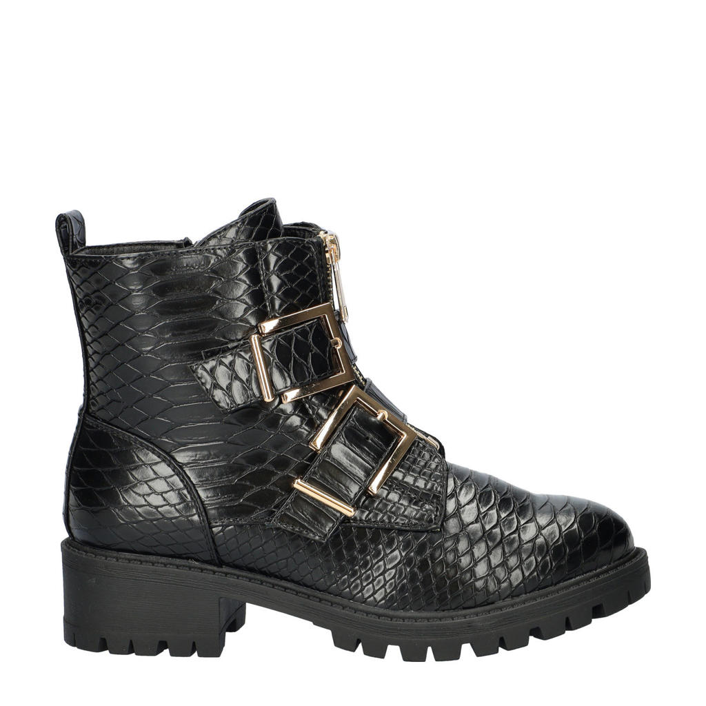 Zwarte dames Dolcis bikerboots van imitatieleer met blokhak, gesp en effen
