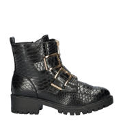 thumbnail: Zwarte dames Dolcis bikerboots van imitatieleer met blokhak, gesp en effen
