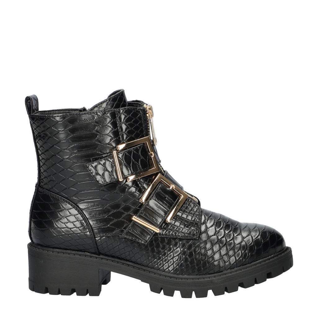 Zwarte dames Dolcis bikerboots van imitatieleer met blokhak, gesp en effen