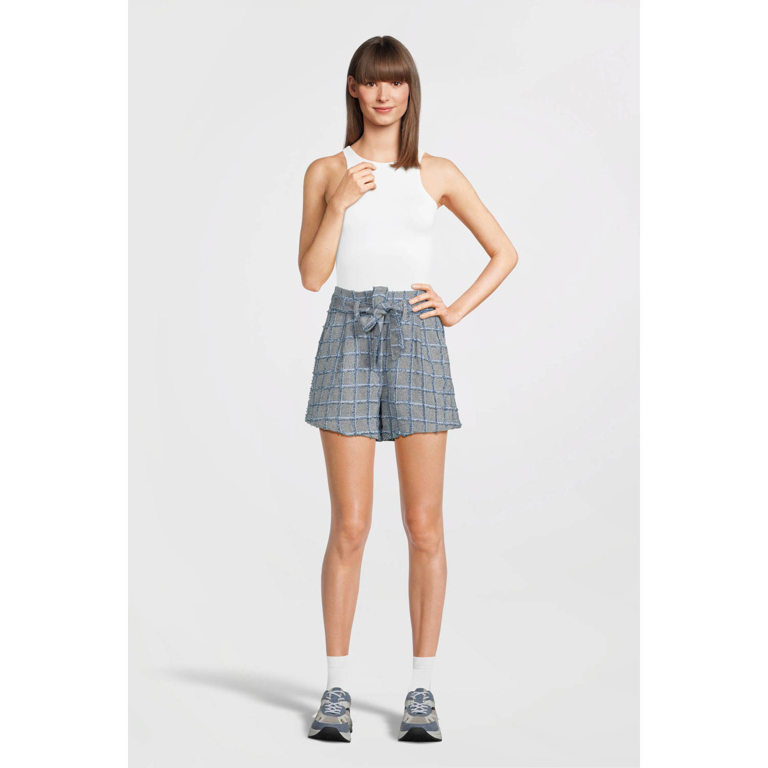 BOSS geruite high waist regular fit short Teofila lichtblauw grijs