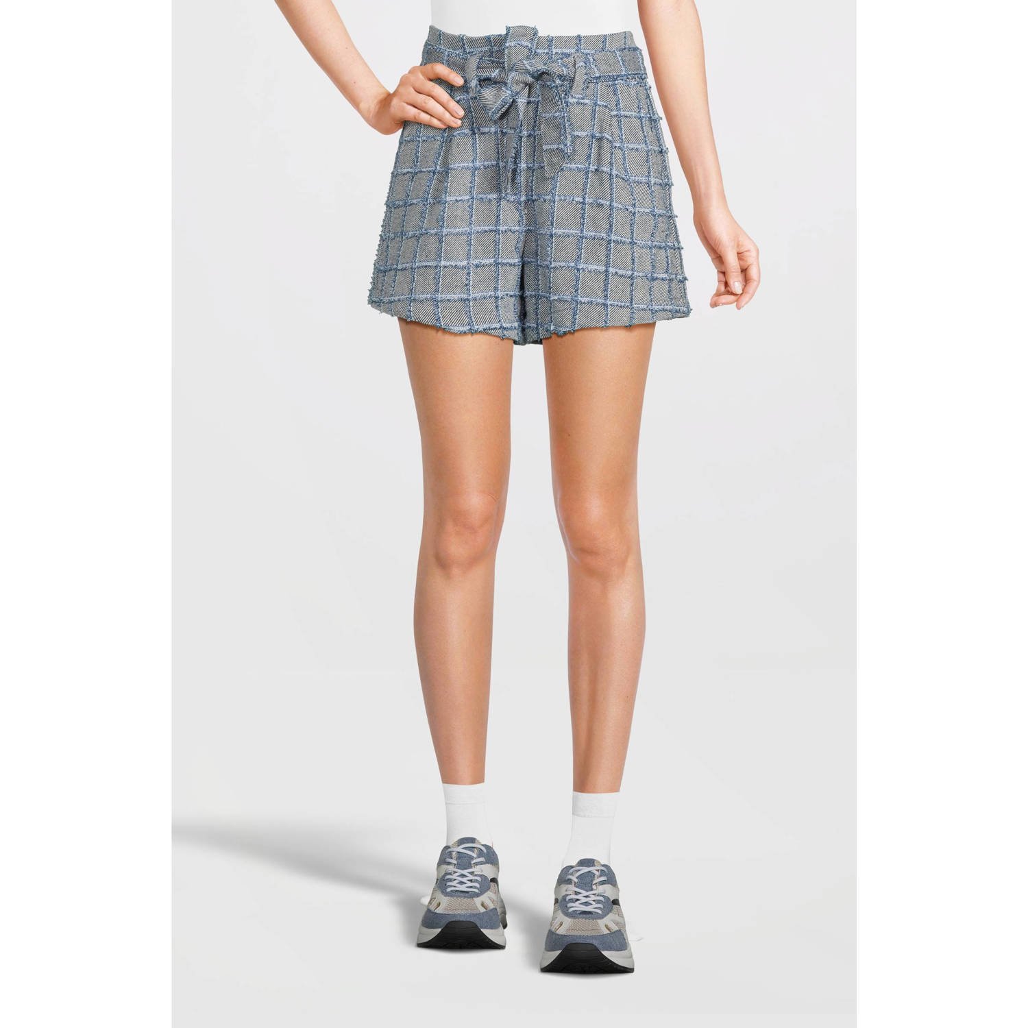 BOSS geruite high waist regular fit short Teofila lichtblauw grijs