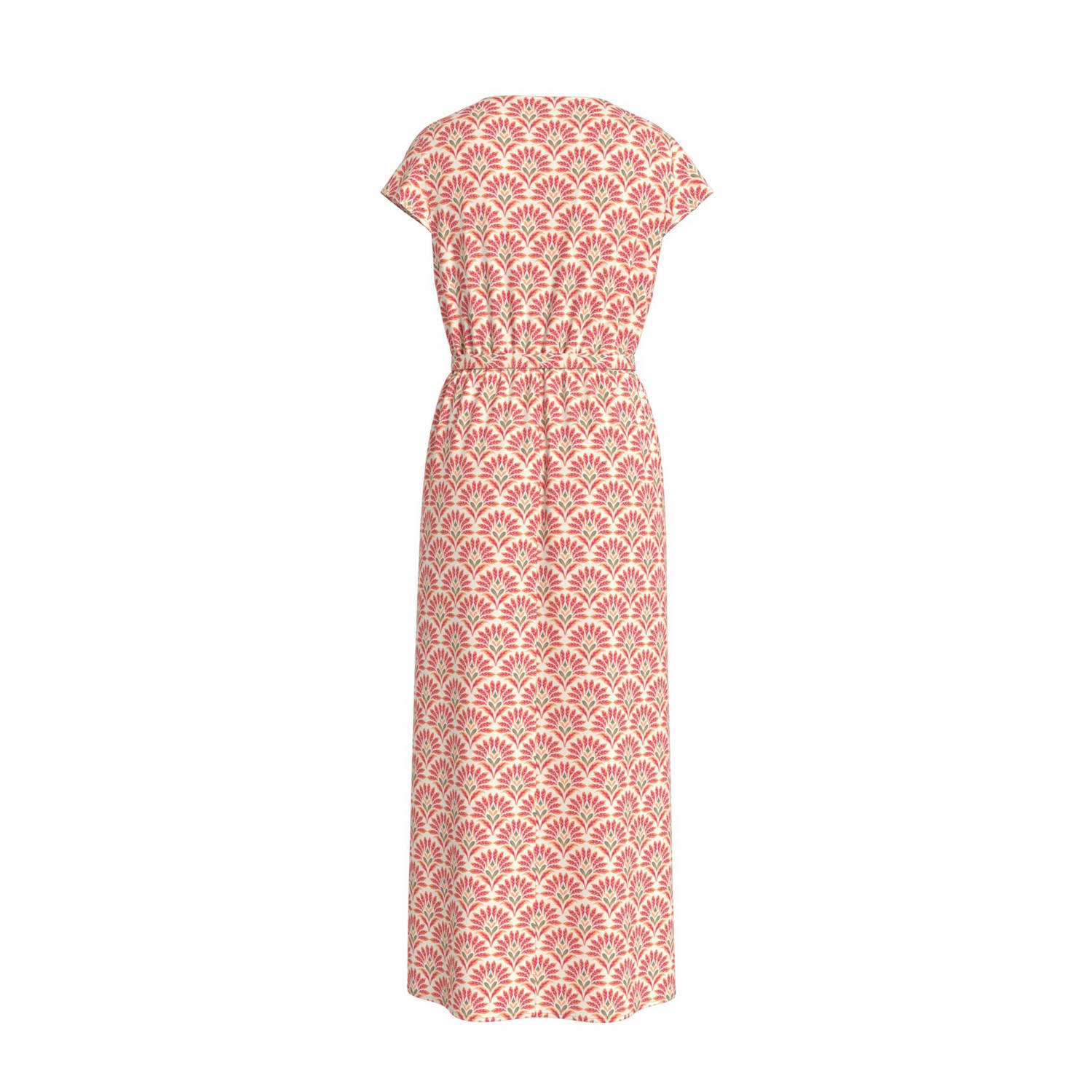 VILA maxi jurk met all over print en ceintuur rood beige