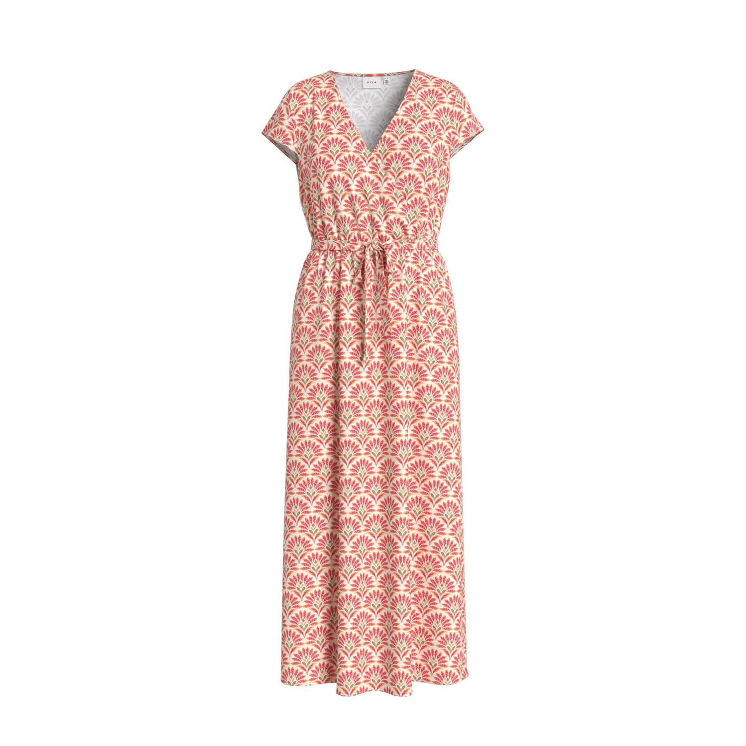 VILA maxi jurk met all over print en ceintuur rood beige