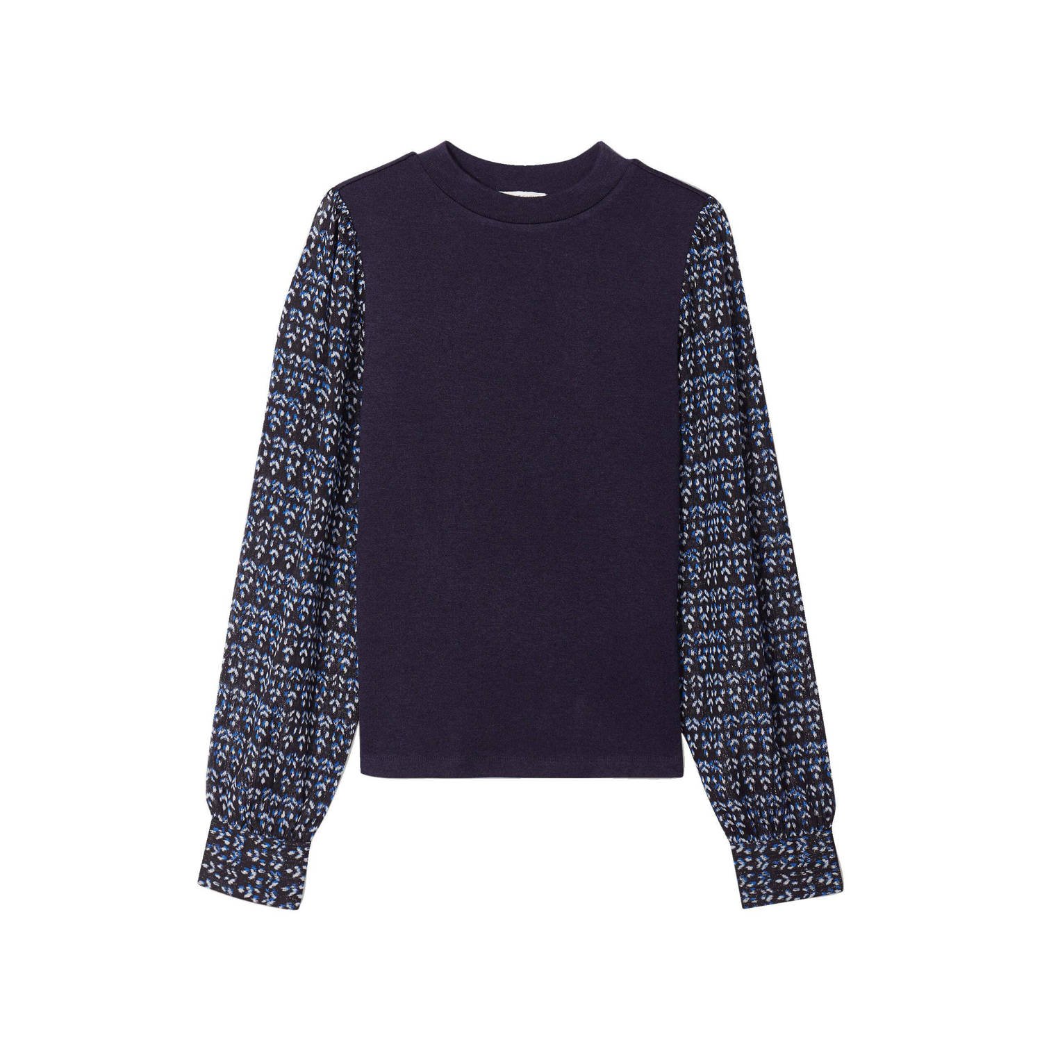 Cache semi-transparante top met all over print en glitters donkerblauw wit