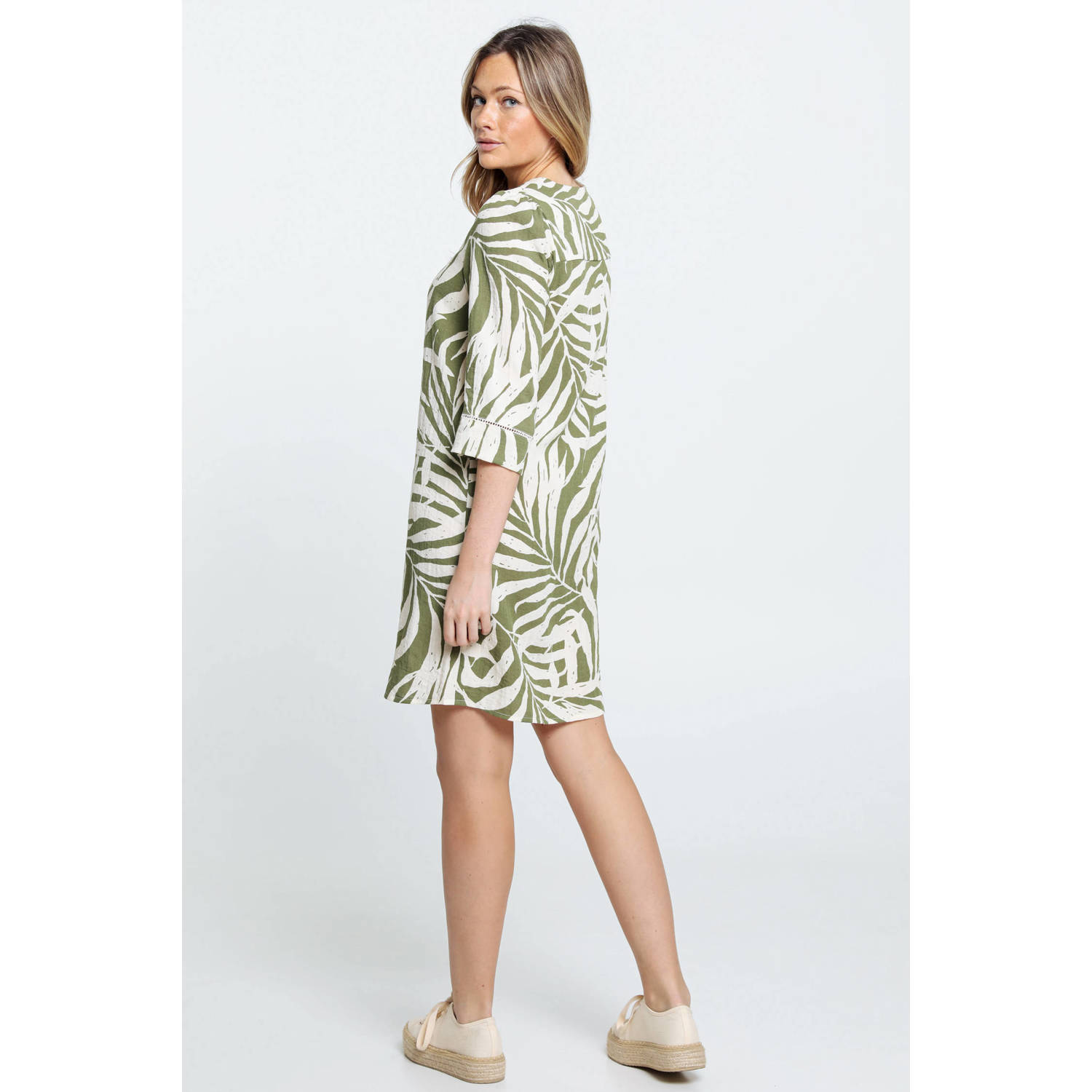 Cassis jurk met all over print en borduursels olijfgroen ecru