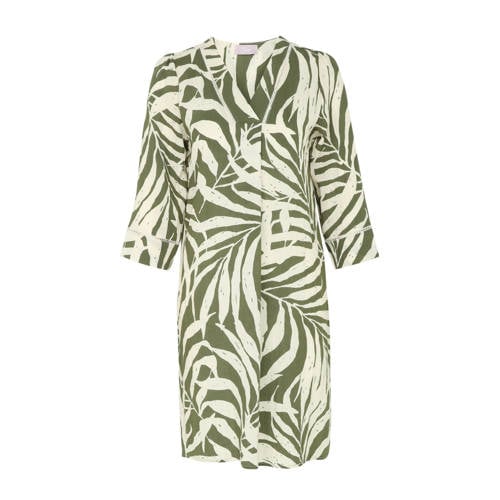 Cassis jurk met all over print en borduursels olijfgroen/ecru