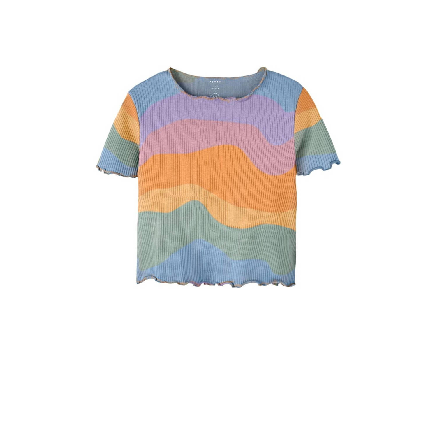 Name it KIDS T-shirt NKFHERMINA met all over print blauw multicolor Meisjes Biologisch katoen Ronde hals 134 140