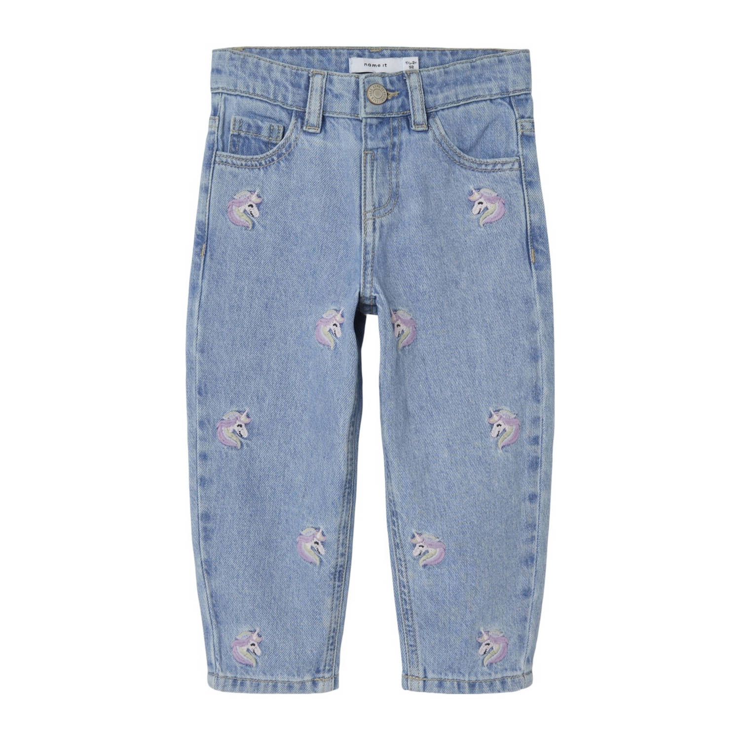 Name it MINI loose fit jeans NMFBELLA met all over print en borduursels light blue denim Blauw Meisjes Stretchdenim 110