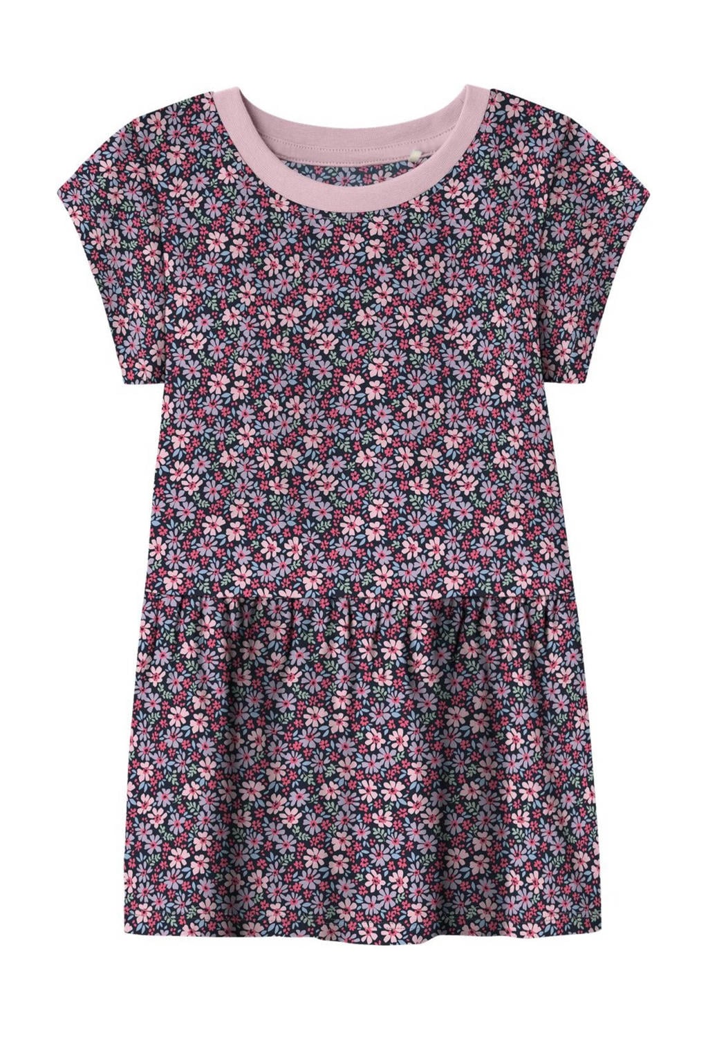Fuchsia, roze en donkerblauwe meisjes NAME IT MINI gebloemde jurk van katoen met kapmouwtjes en ronde hals