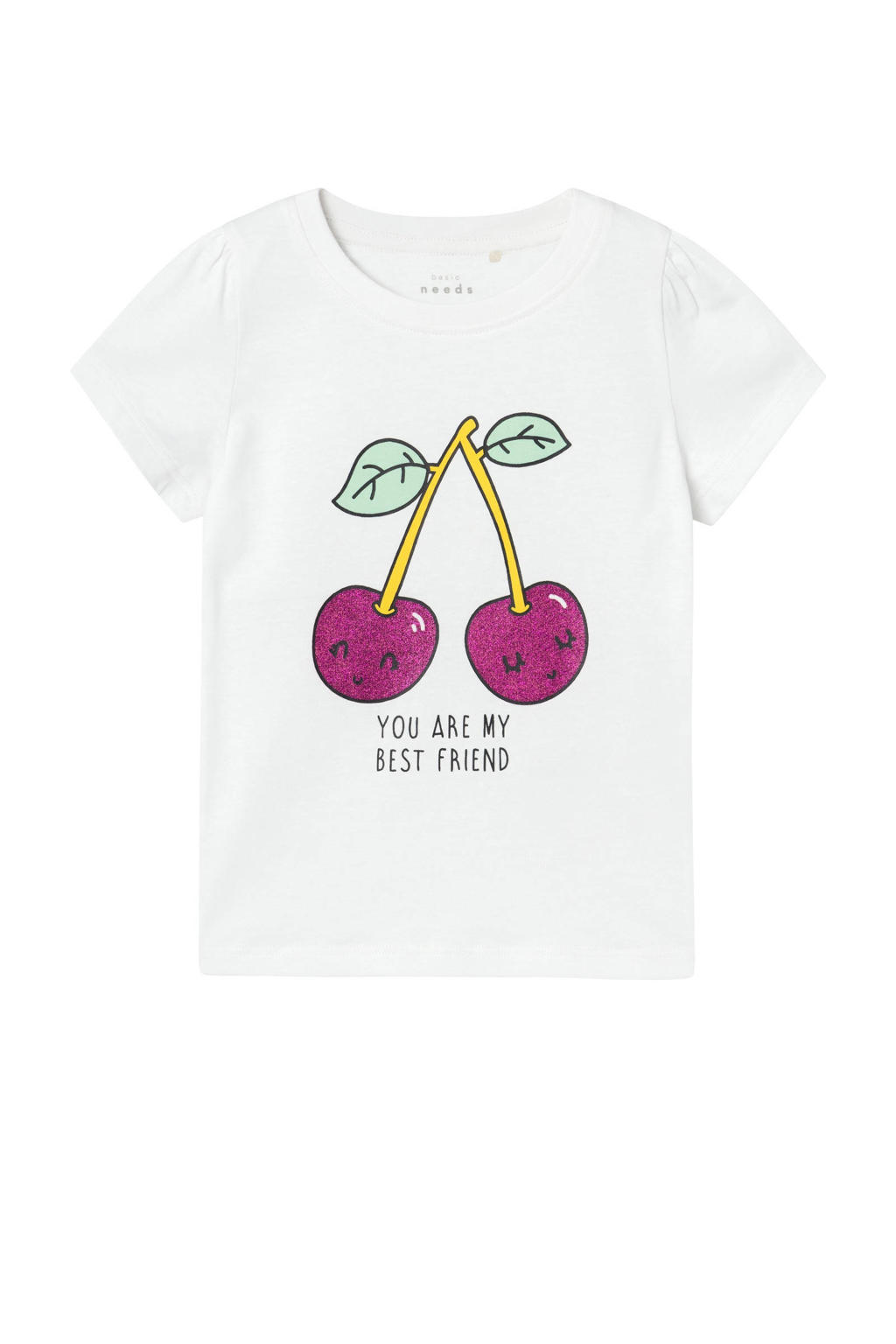 Wit en paarse meisjes NAME IT MINI T-shirt van katoen met printopdruk, kapmouwtjes en ronde hals