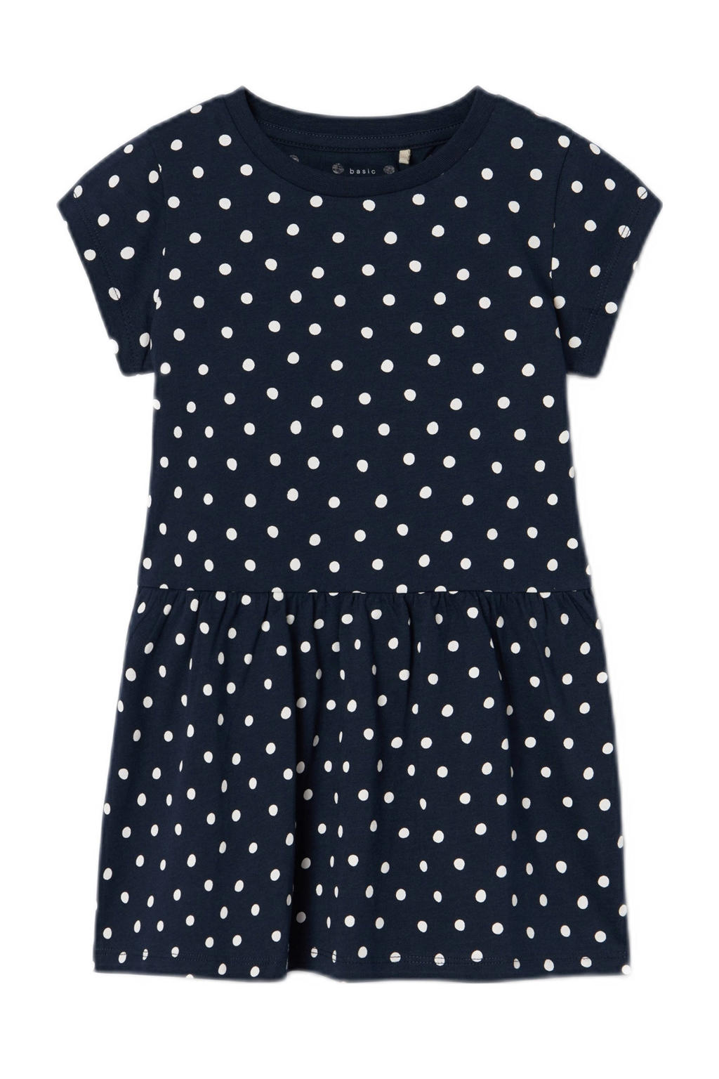 Donkerblauw en witte meisjes NAME IT MINI jurk van katoen met stippenprint, kapmouwtjes en ronde hals