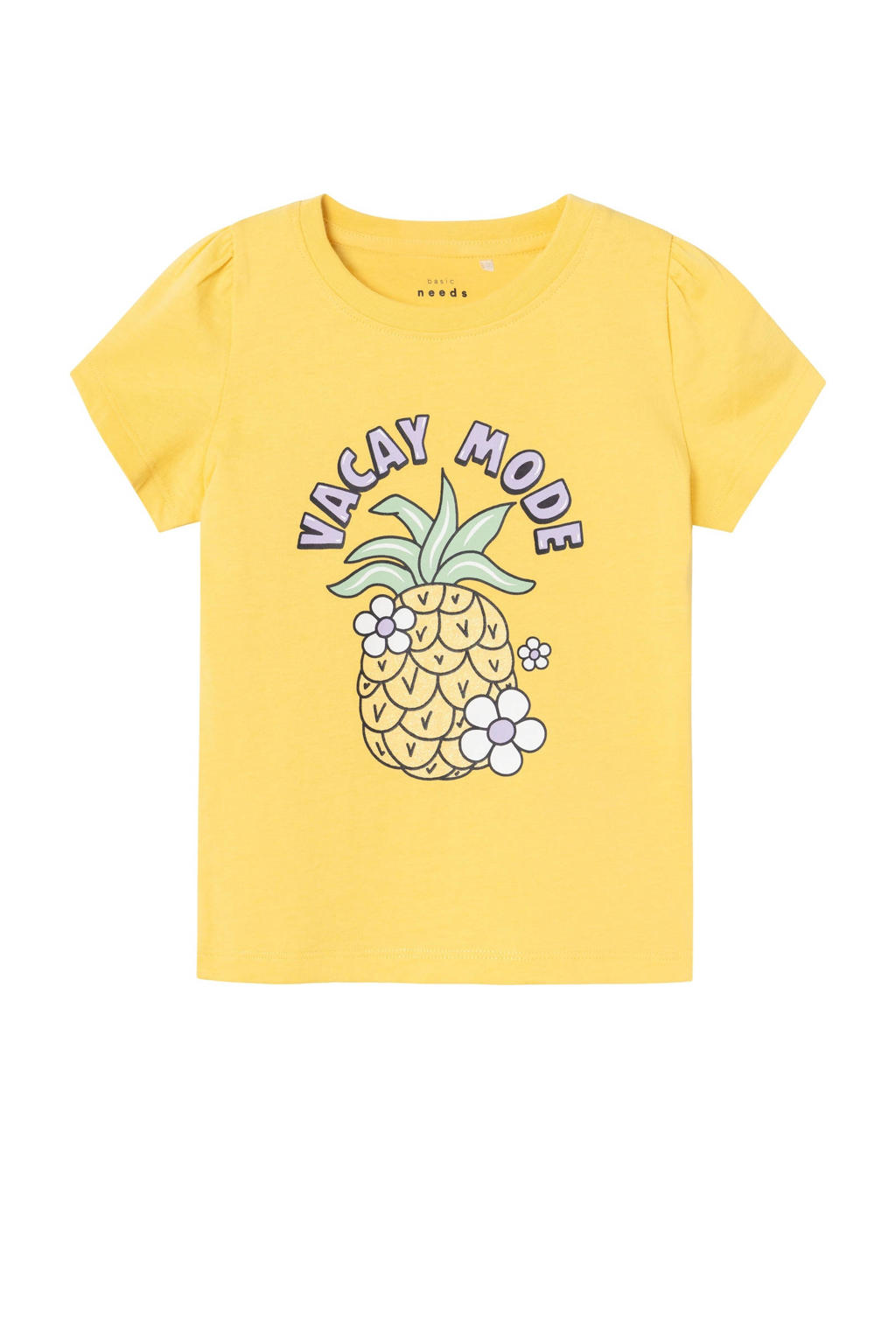 Gele meisjes NAME IT MINI T-shirt van katoen met printopdruk, kapmouwtjes en ronde hals