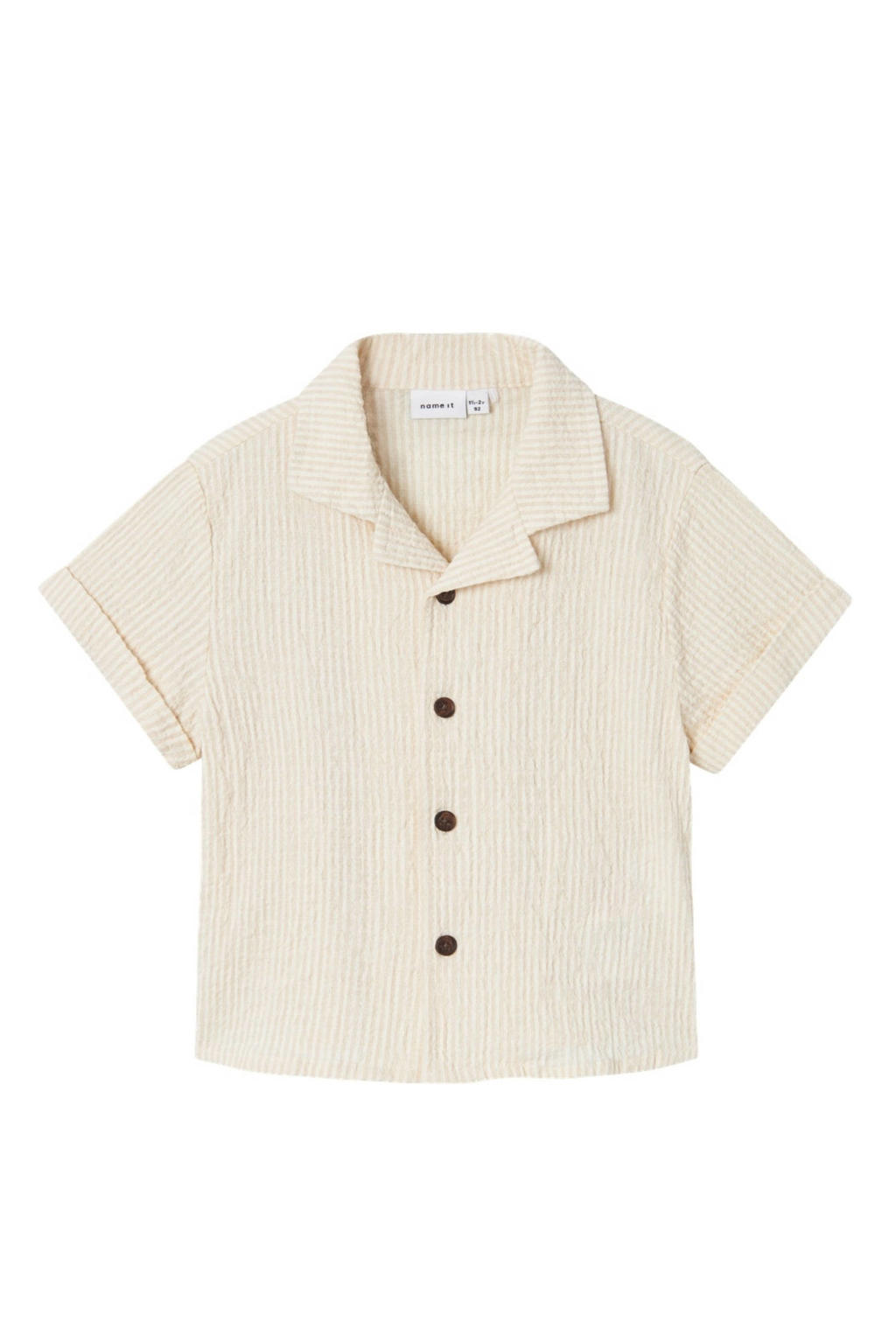 Beige en ecru jongens NAME IT MINI baby gestreept overhemd van stretchkatoen met korte mouwen, klassieke kraag en textuur