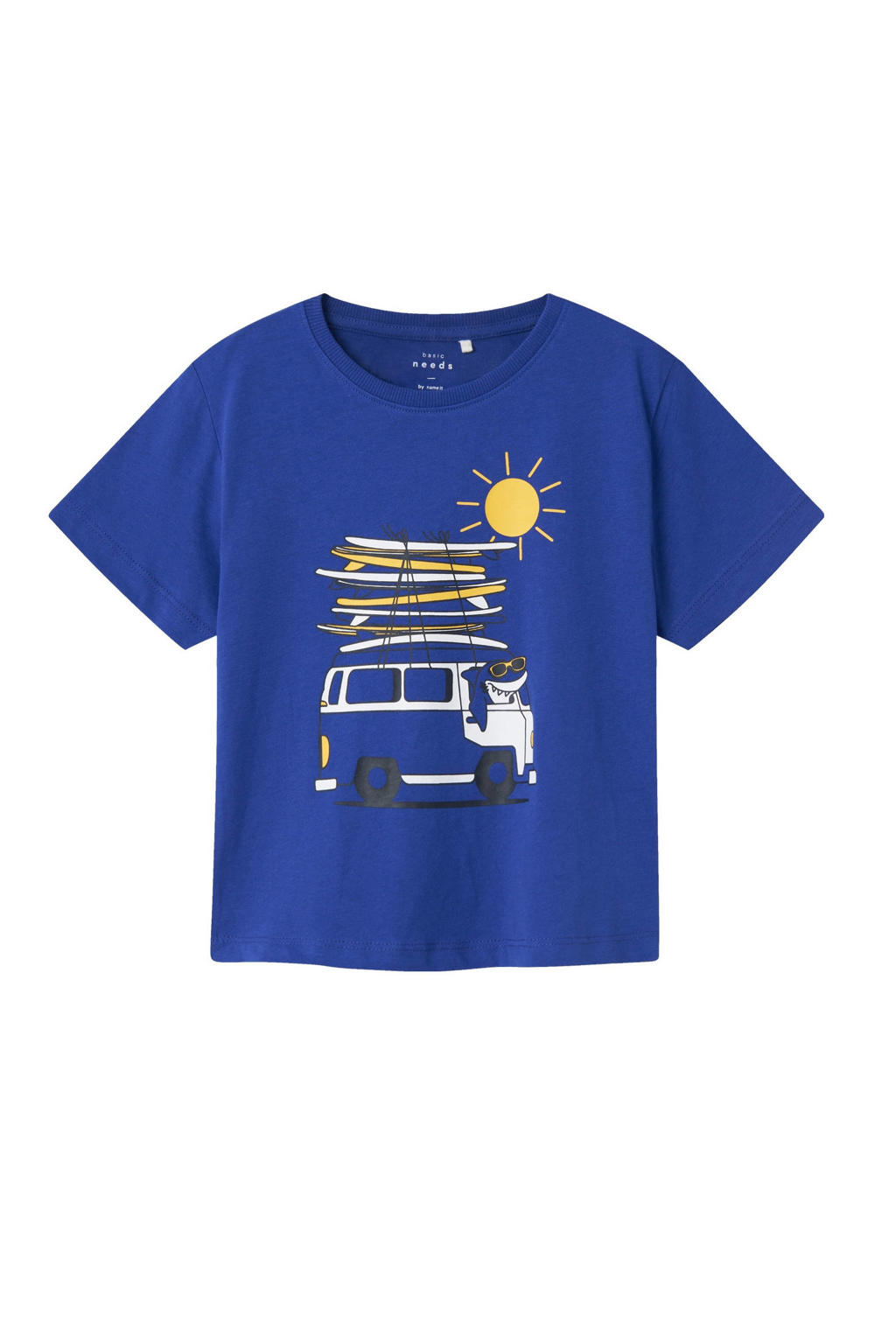 Blauwe jongens NAME IT MINI T-shirt van katoen met printopdruk, korte mouwen en ronde hals