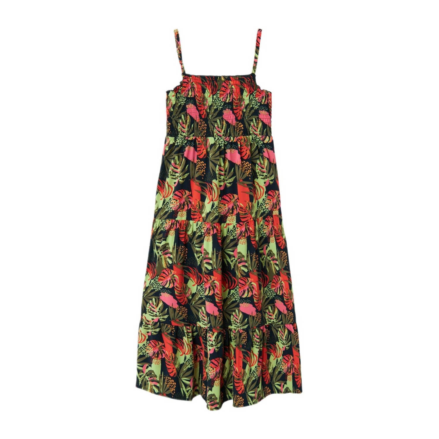 Name it KIDS maxi jurk NKFVINAYA met all over print donkerblauw roze groen Meisjes Polyester Ronde hals 116
