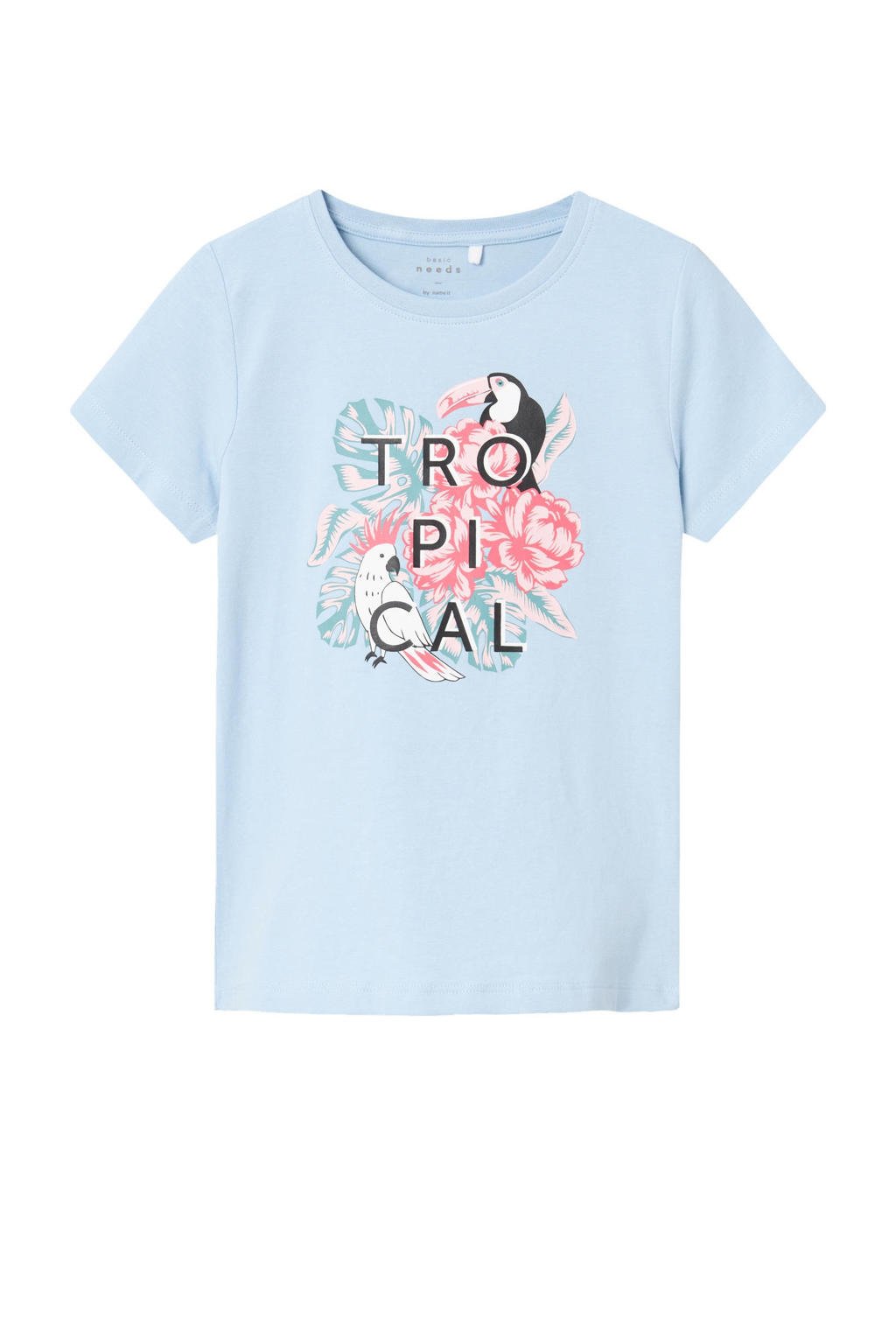 Lichtblauwe meisjes NAME IT KIDS T-shirt van stretchkatoen met printopdruk, korte mouwen en ronde hals