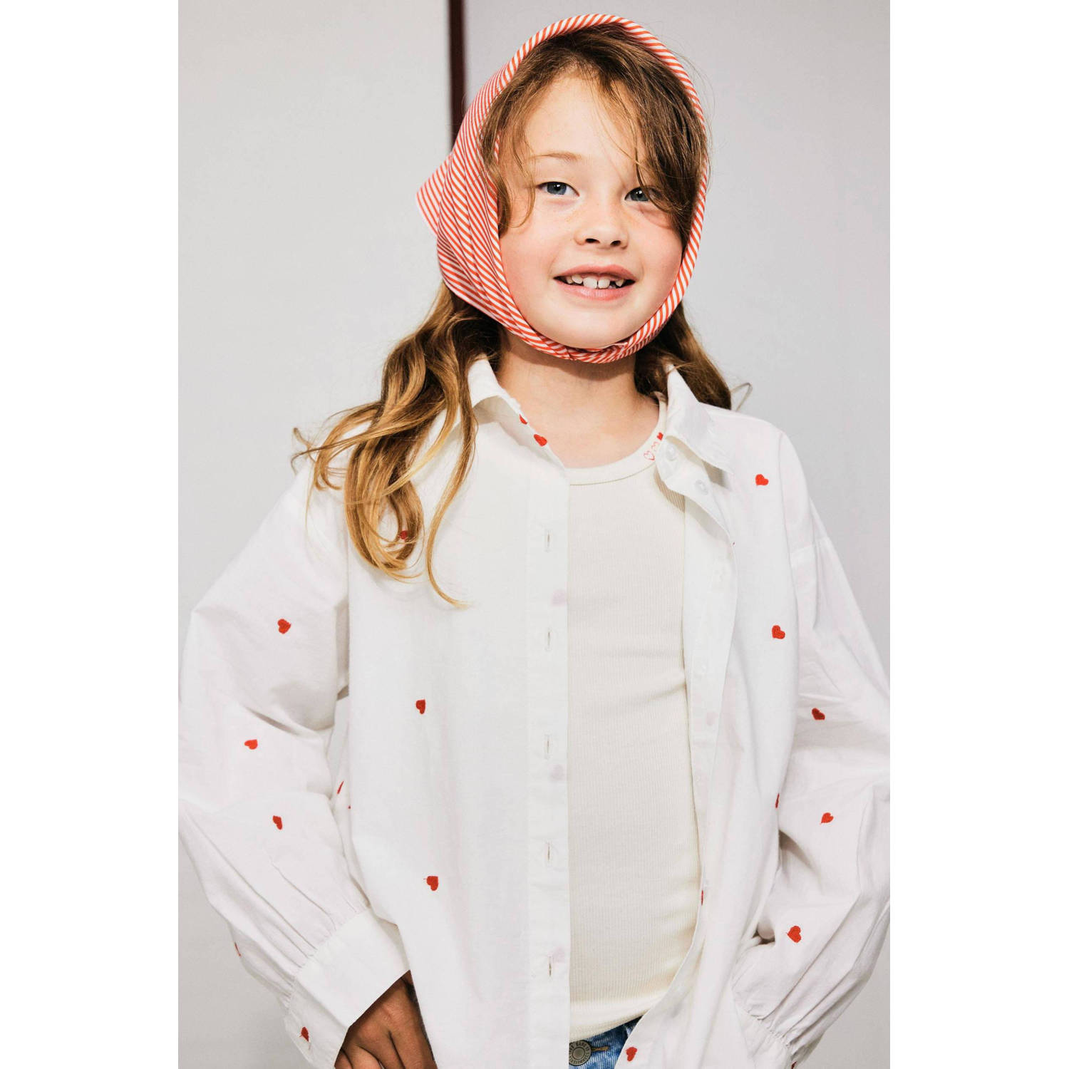Name it KIDS top NKFFRISKE met hartjes beige Meisjes Stretchkatoen Ronde hals 122 128