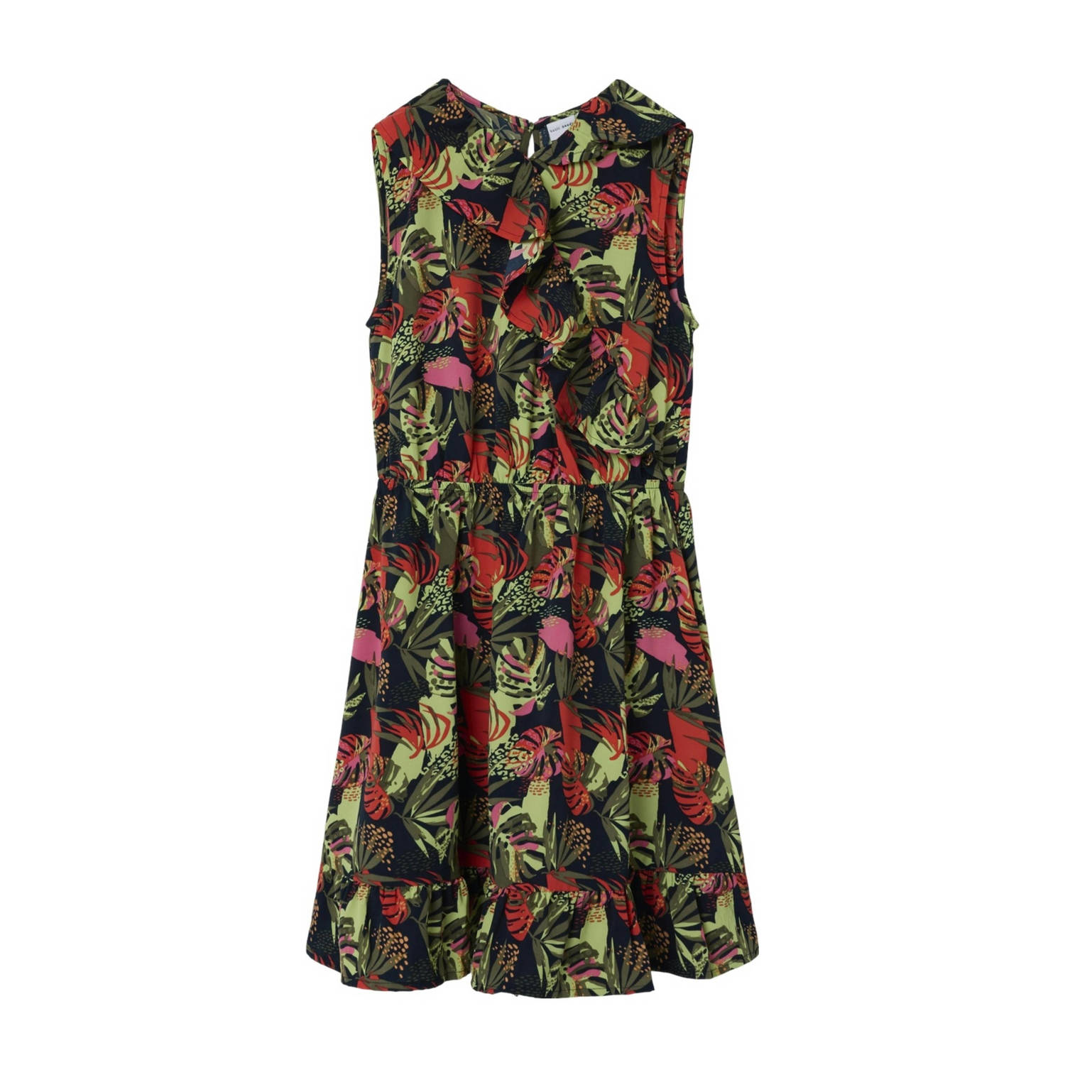 Name it KIDS jurk NKFVINAYA met all over print en volant donkerblauw roze groen Meisjes Polyester Ronde hals 122