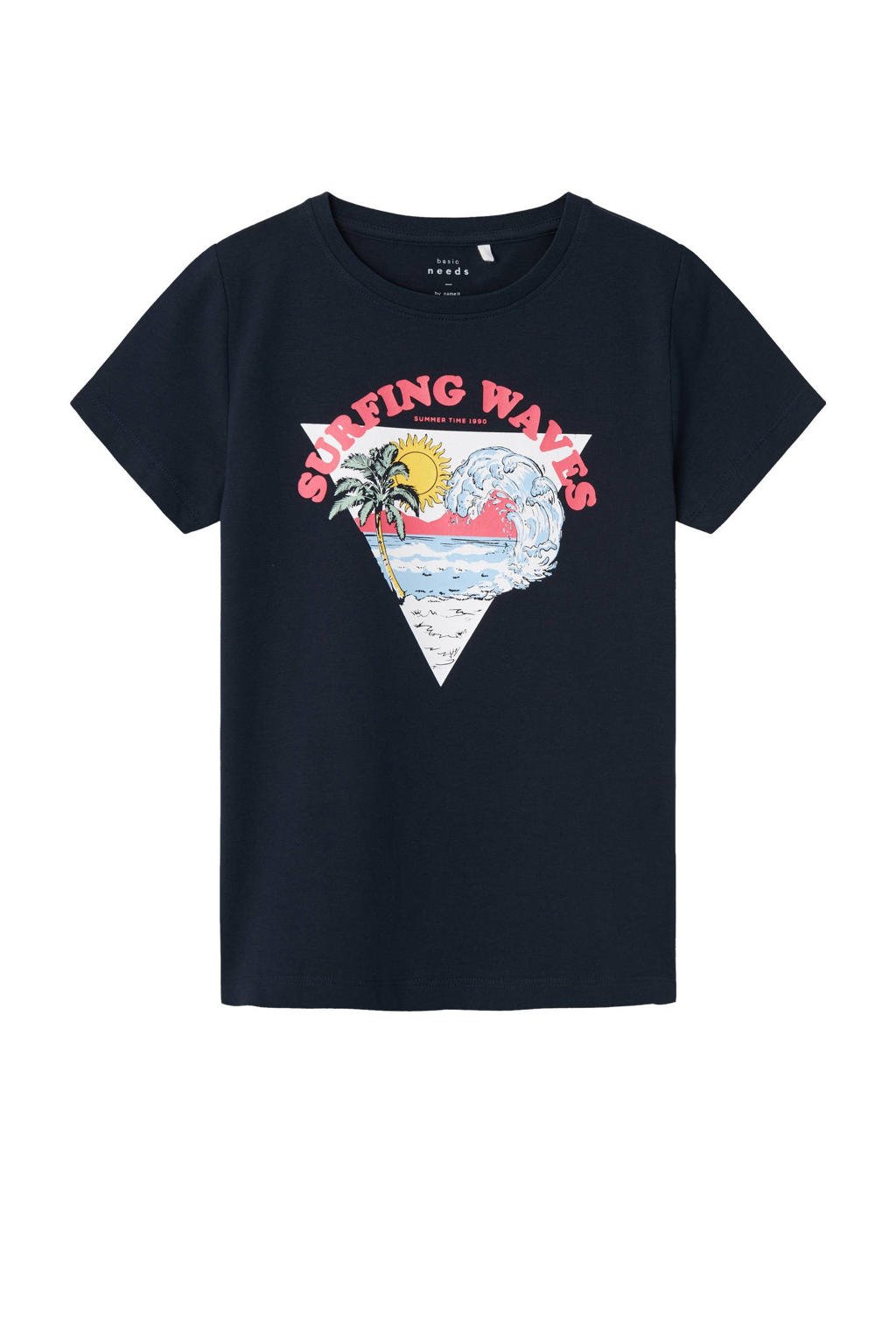 Donkerblauwe meisjes NAME IT KIDS T-shirt van stretchkatoen met printopdruk, korte mouwen en ronde hals