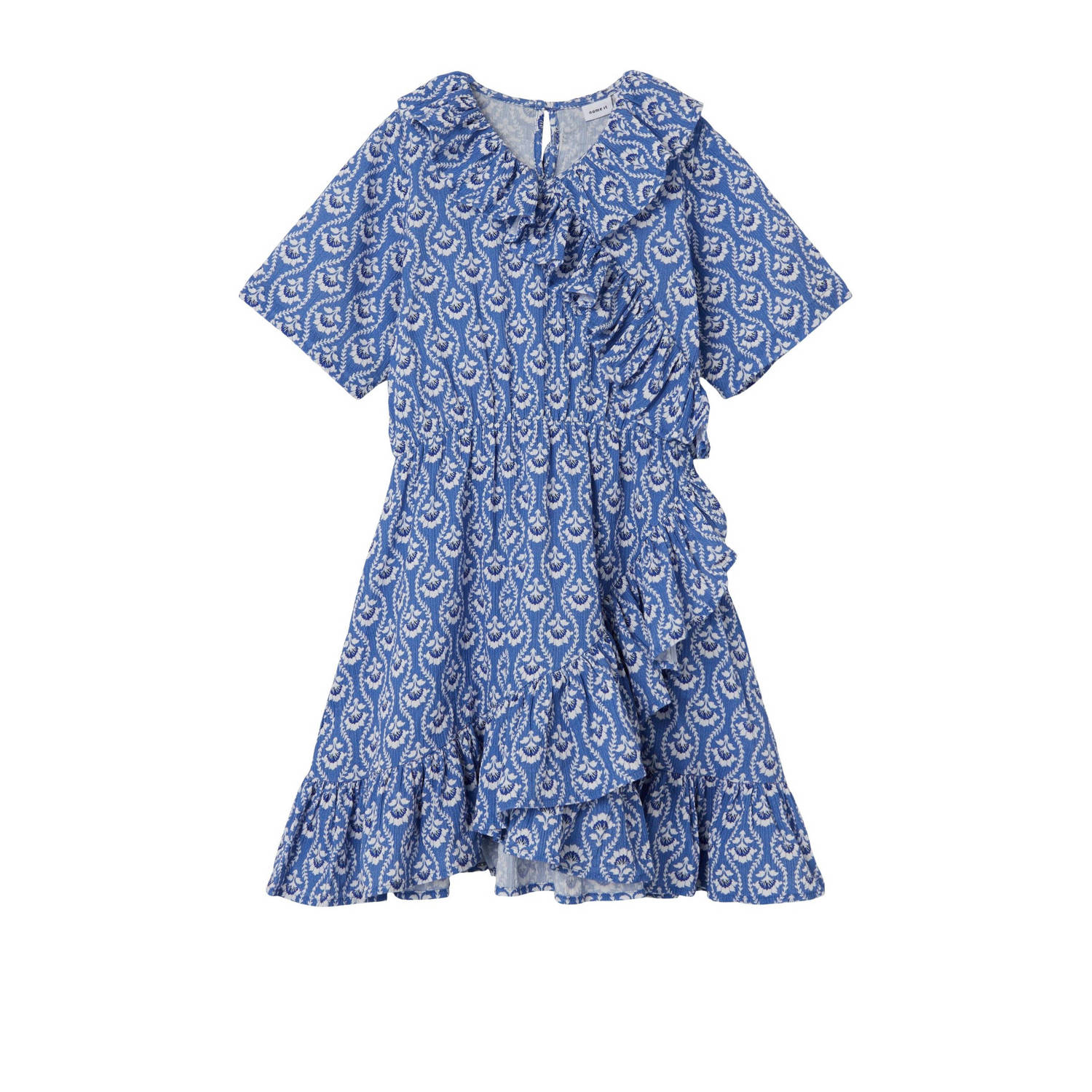 Name it KIDS jurk NKFFAMMINA met all over print en ruches blauw wit Meisjes Katoen V-hals 116